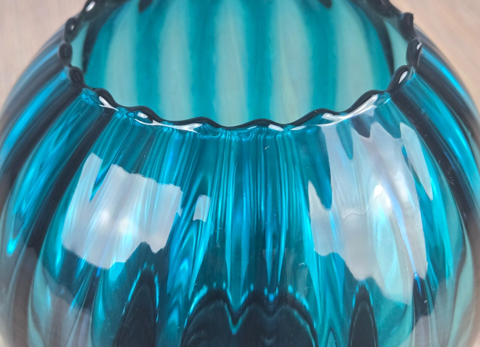 Empoli teal blue optic glass 6″ rose bowl/vase, Italian mid century Nice!