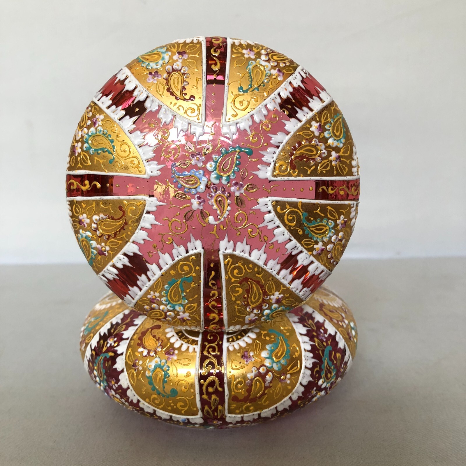 Antique Round Hinged Hand Heavily Decorated Pink Moser Glass Box