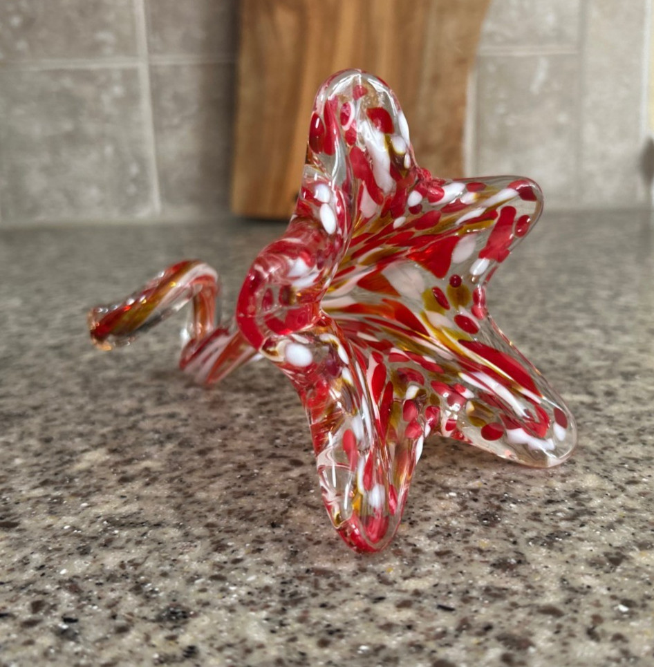 Hand Blown~Art Glass~Flower~Twisted Stem~Red Confetti~Murano Style~Unmarked