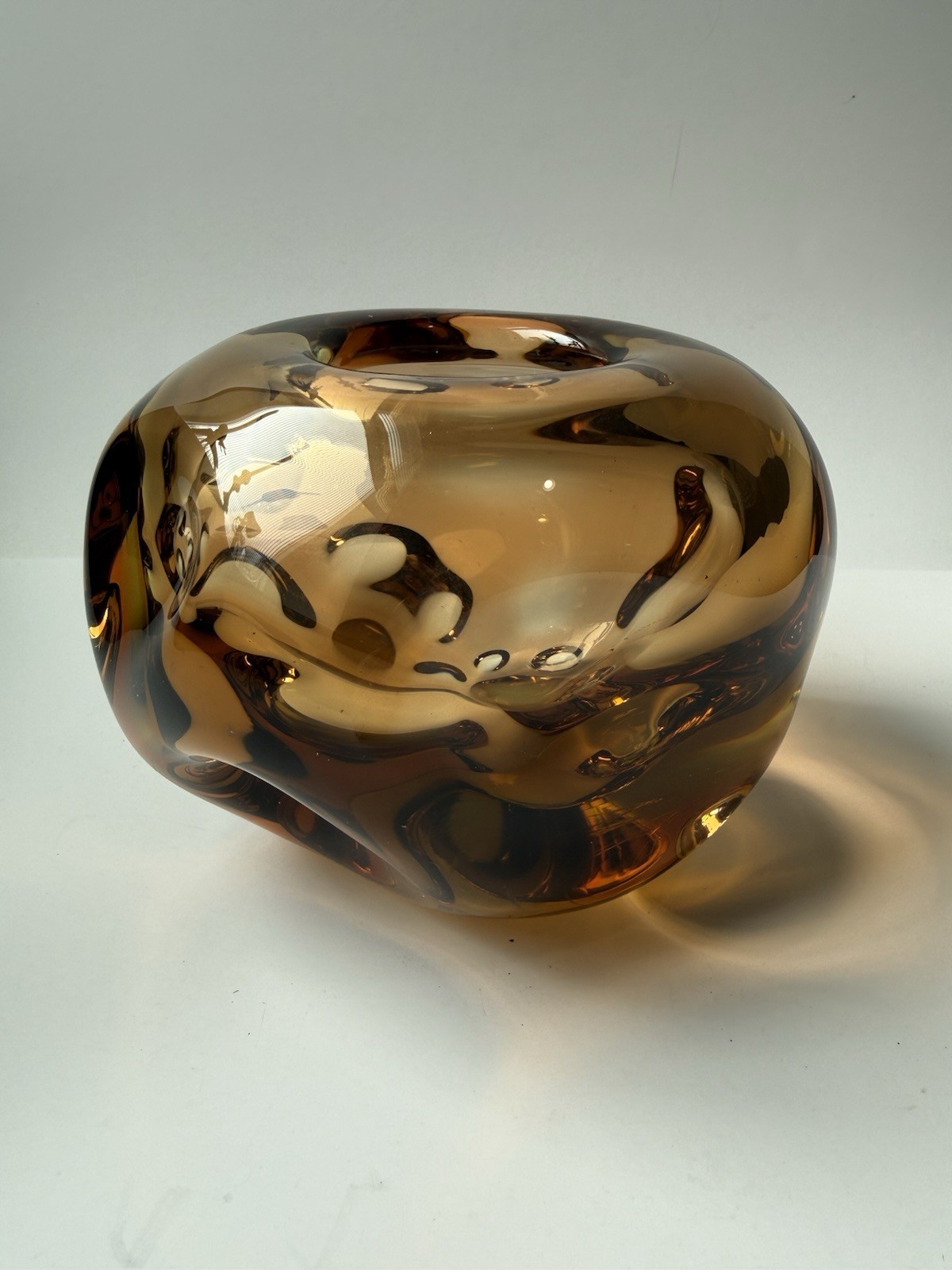 VTG • Jan Beranek Skrdlovice Czech • Art Glass • MCM Dimpled Amber Vase • 4 1/4”