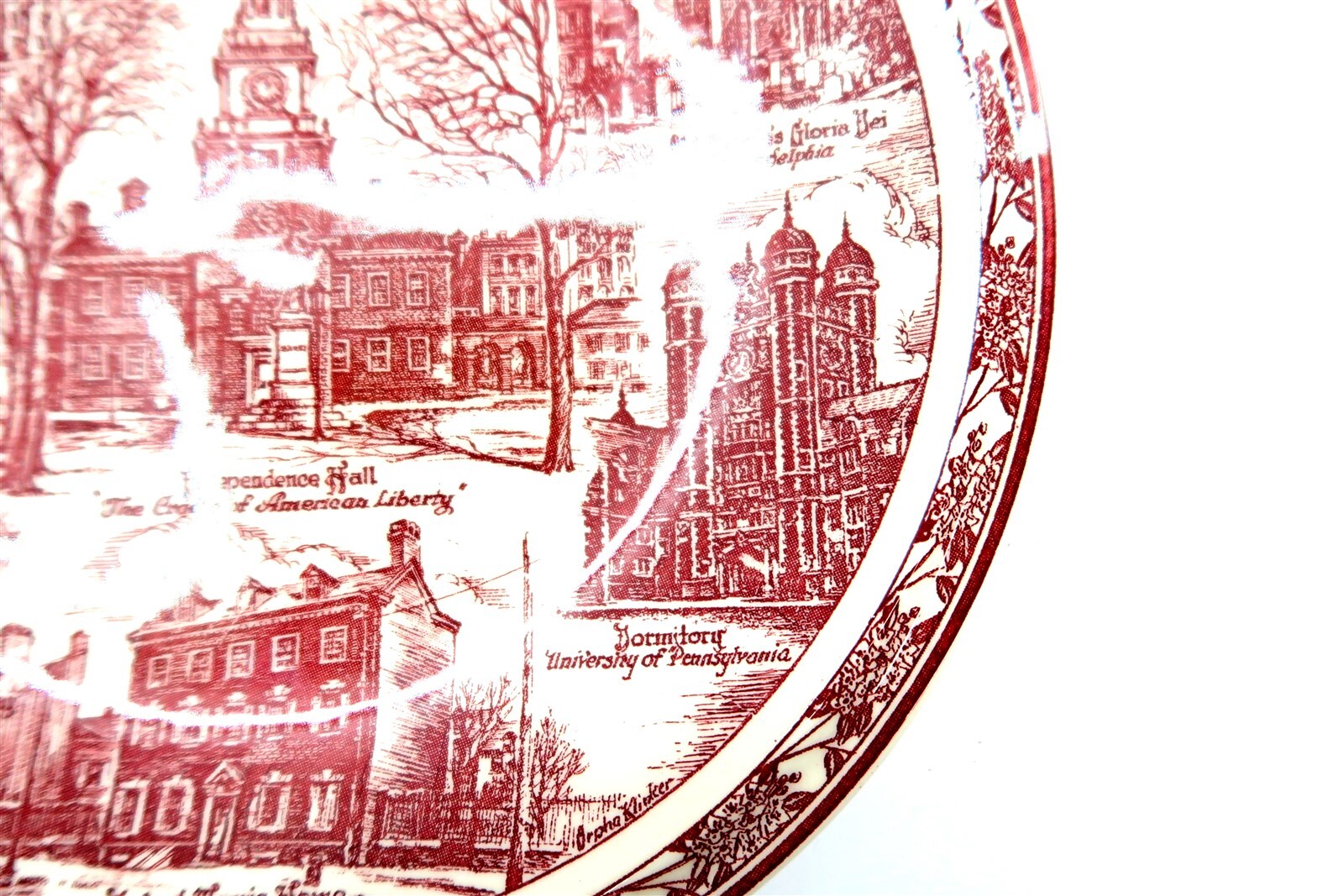 Vintage VERNON KILNS Cradle of Liberty Red Transferware Plate Independence Hall