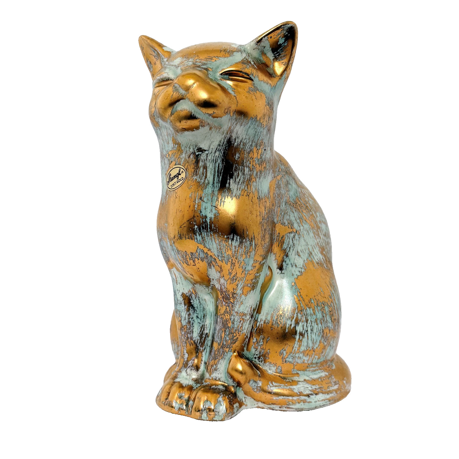 Rare Stangl Pottery 8.5″ Antique Gold Cat Figurine w Label – Tiny Glaze Nick Ear