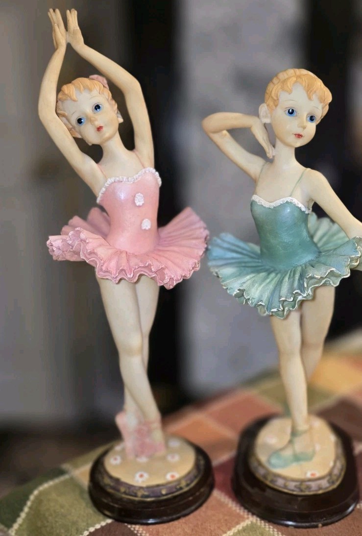 Ceramic Ballerina Figurine Set Hand Painted Pink Blue Glossy Ballet Pottery