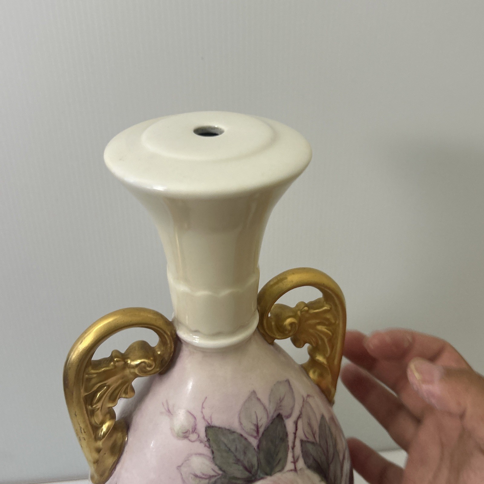 Vintage Nippon Hand Painted Porcelain Vase Gilded Gold Double Handles Pink Roses