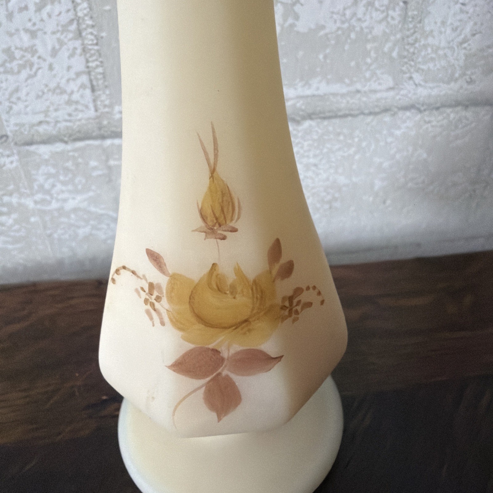 VTG Fenton Custard Satin Hand Painted Floral Signed Labeled Footed Bud Vase 8”