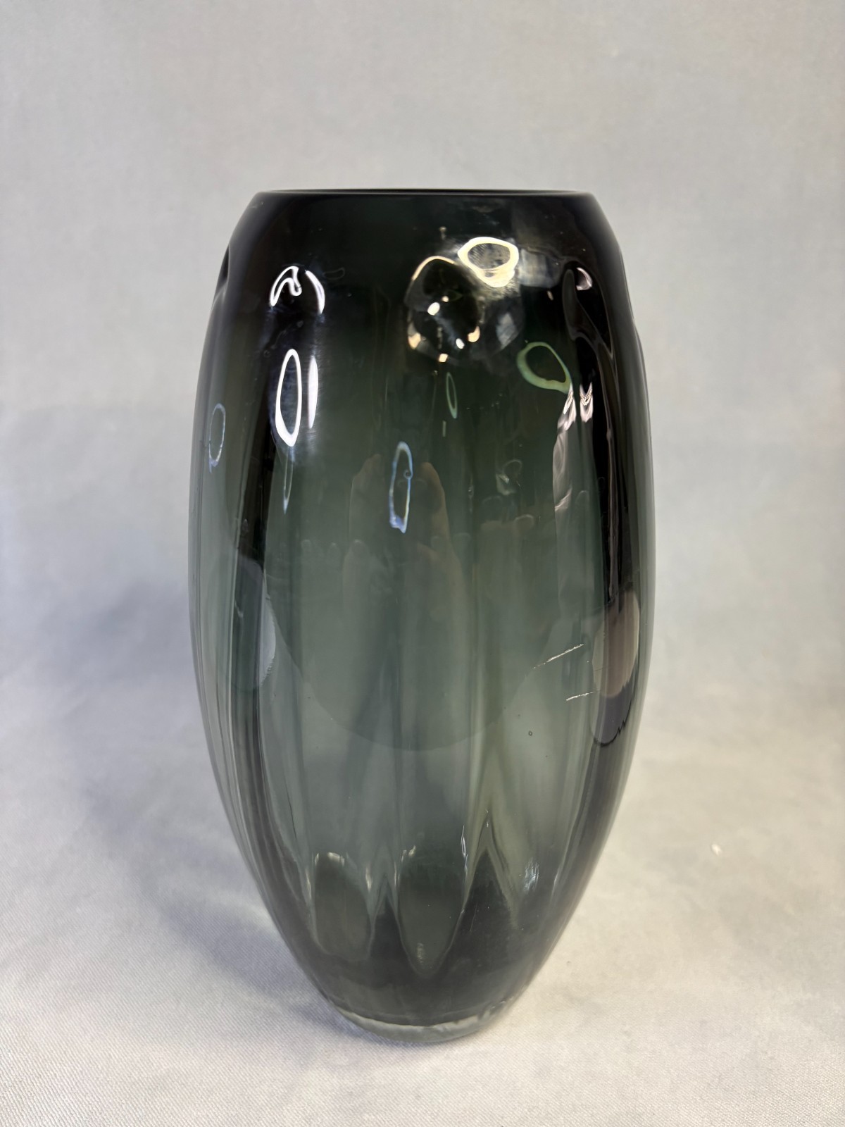 Torpedo Art Glass Vase Smoke Gray Green Optic Ribbed Polish Eastern European