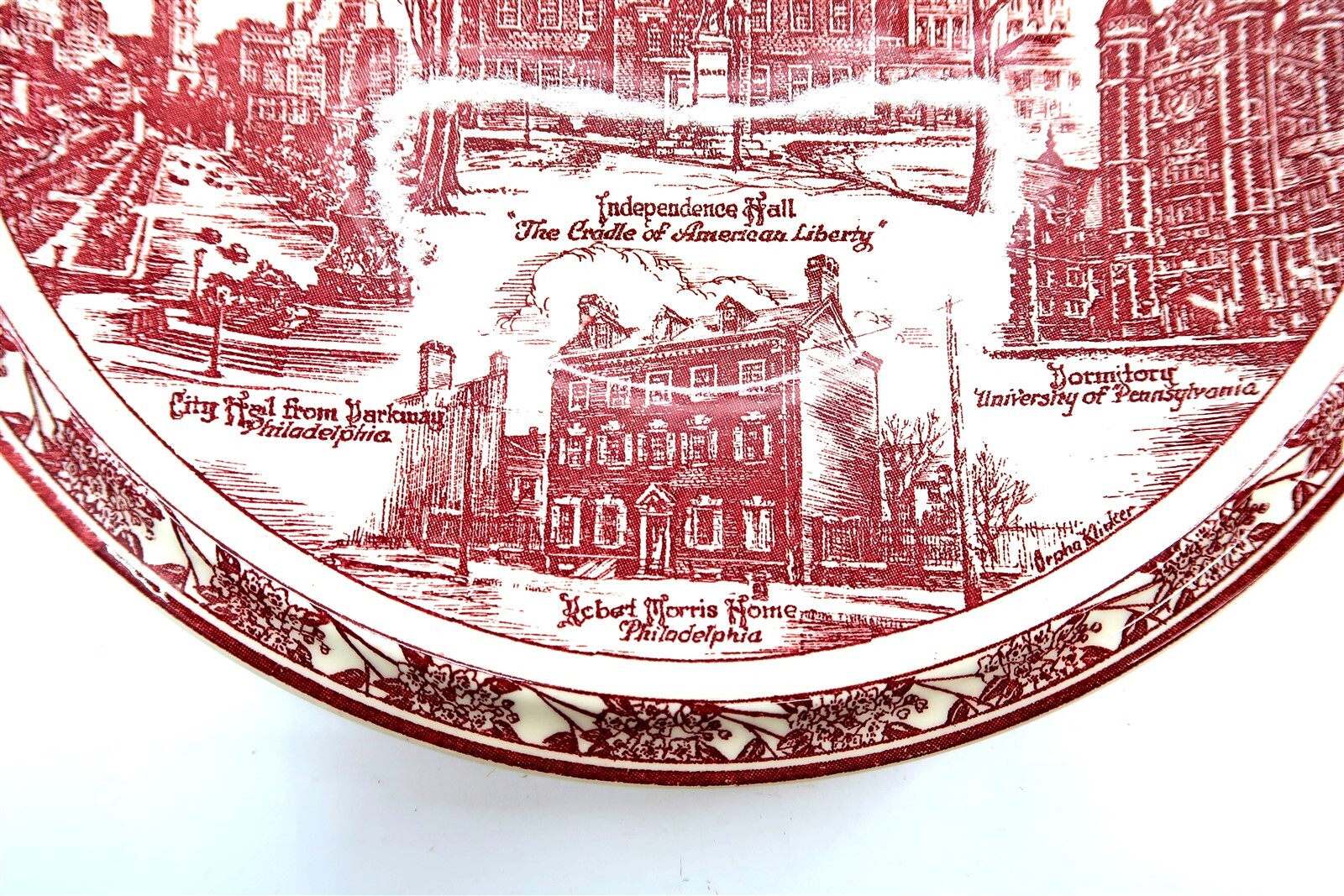 Vintage VERNON KILNS Cradle of Liberty Red Transferware Plate Independence Hall