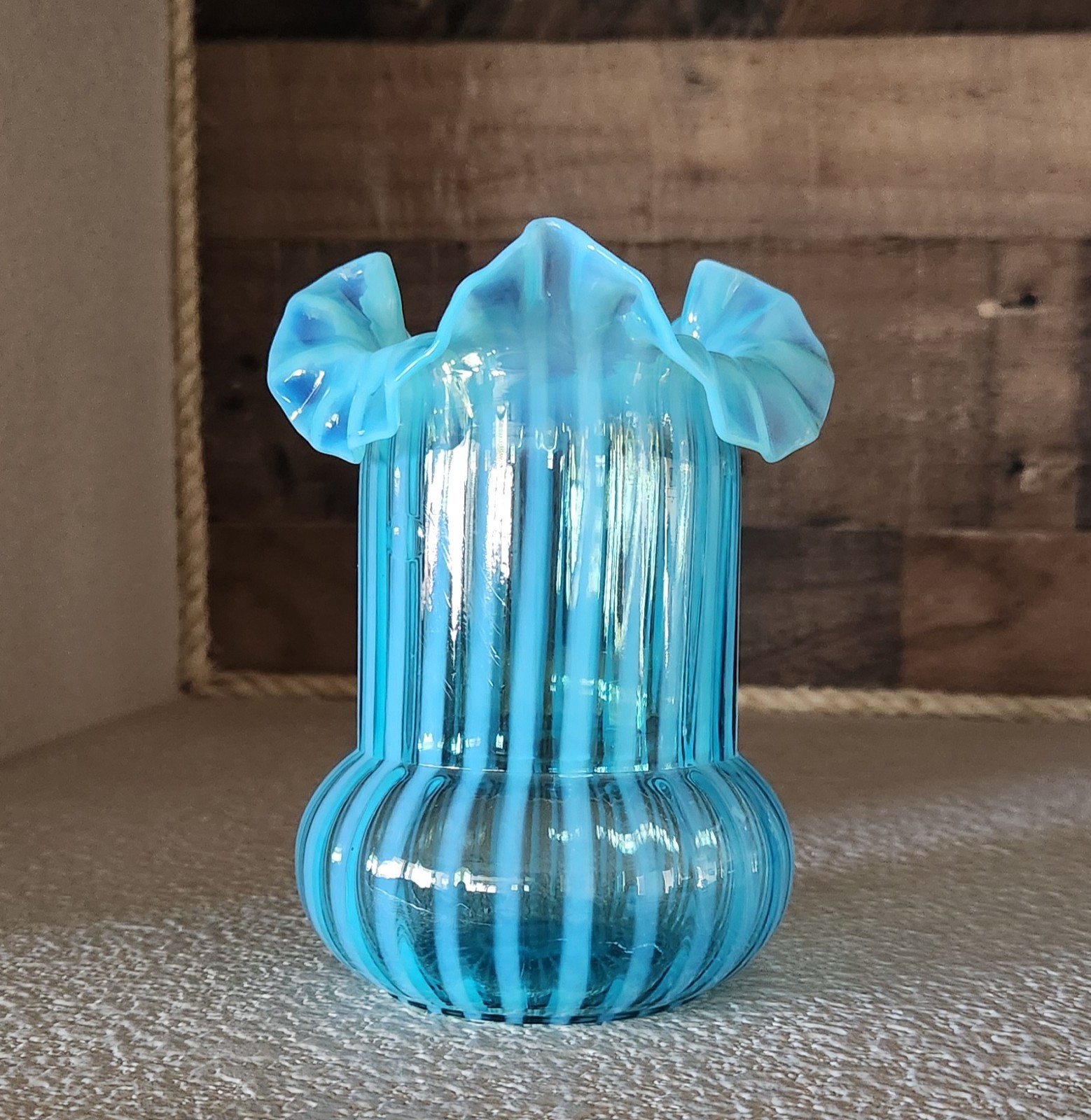 Antique NORTHWOOD Blue Opalescent Striped Ruffled Edge Celery Vase**Beautiful**