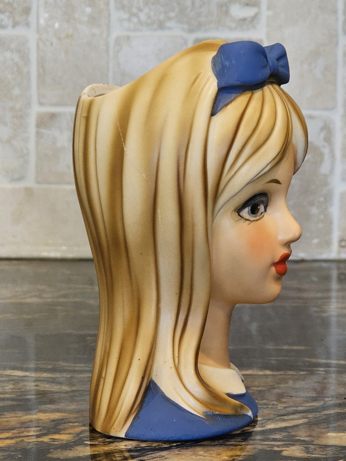 Pristine Vintage 1950s Japan Lady Head Vase Blue Bow Blonde Hair CB493 5.5 in