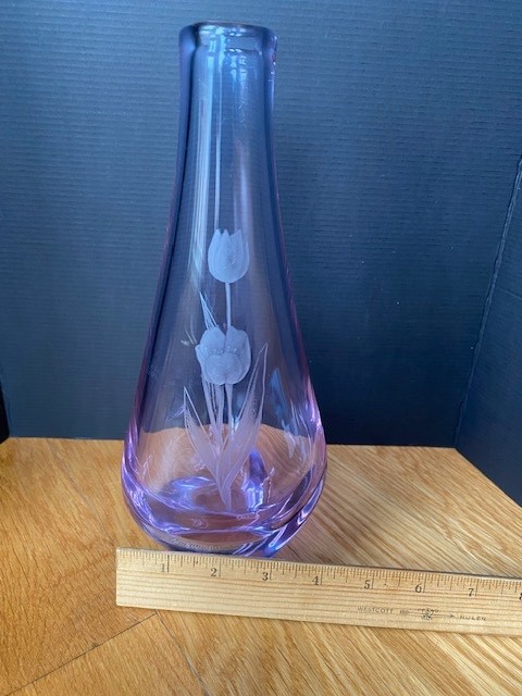 Vintage Johansfors Swedish Amethyst Vase Acid Etched Tulips J.K. Signed 10”