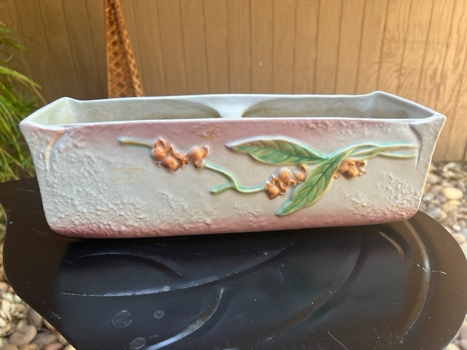 Roseville Pinecone 256-12 Double Planter Rectangle Ceramic Pink Green 12 in