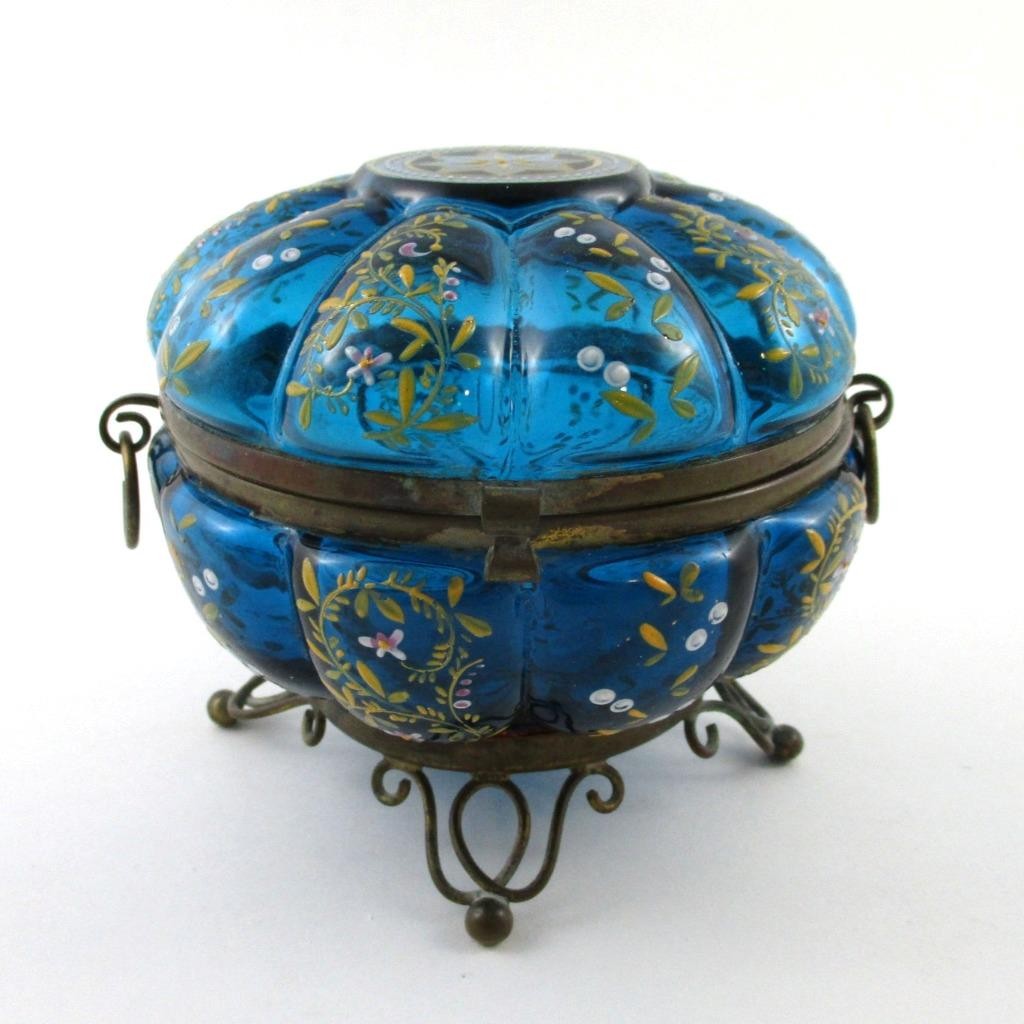Antique JEWELRY Box – Sapphire BLUE art glass hp Enamel, brass feet – BOHEMIAN