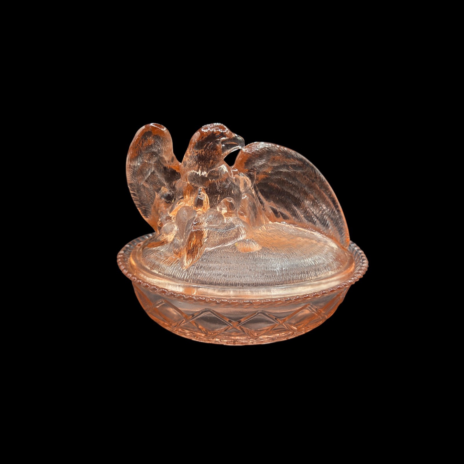 Vtg Westmoreland Nesting Eagle on Nest Basket Pink Glass 6×7.25×6 Candy Dish SEE