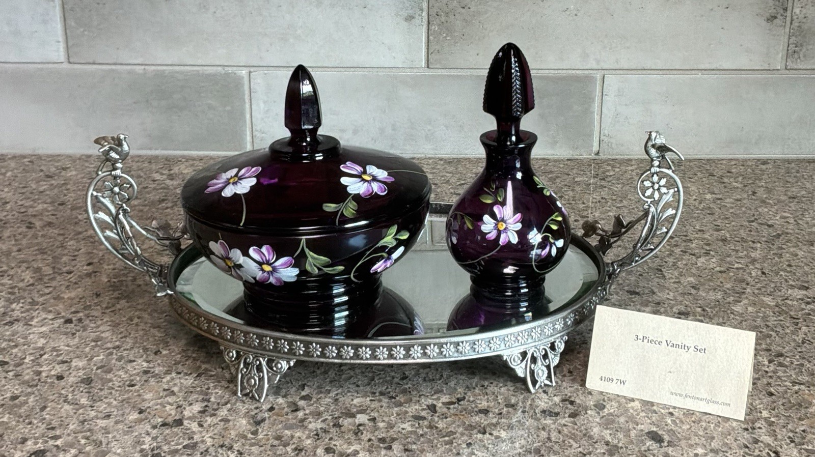 Fenton Vanity Set Amethyst Purple Flowers Powder Dish Perfume Bottle Tray READ