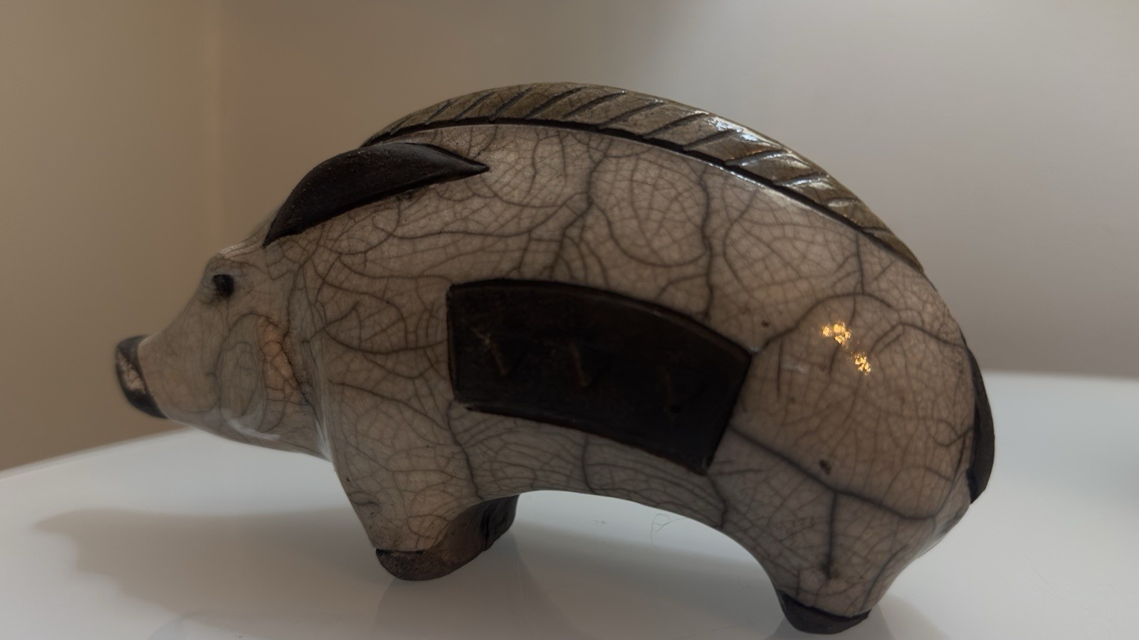 Vintage South African Raku Boar Black/White Hand Crafted Pottery Signed 6.25″L