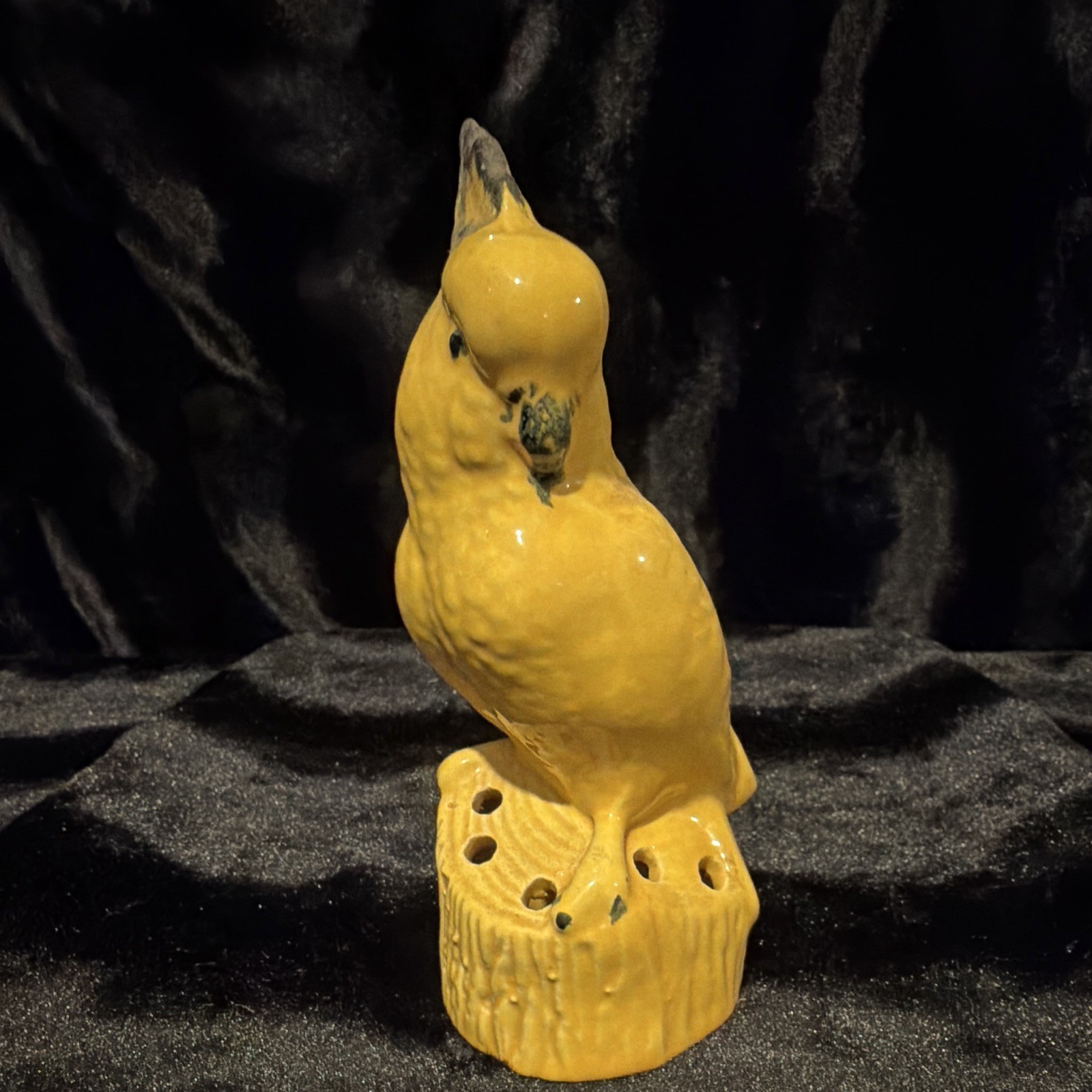 Yellow & Black Glossy Ceramic Bird Figurine on Tree Stump Base Flower Frog 7 in