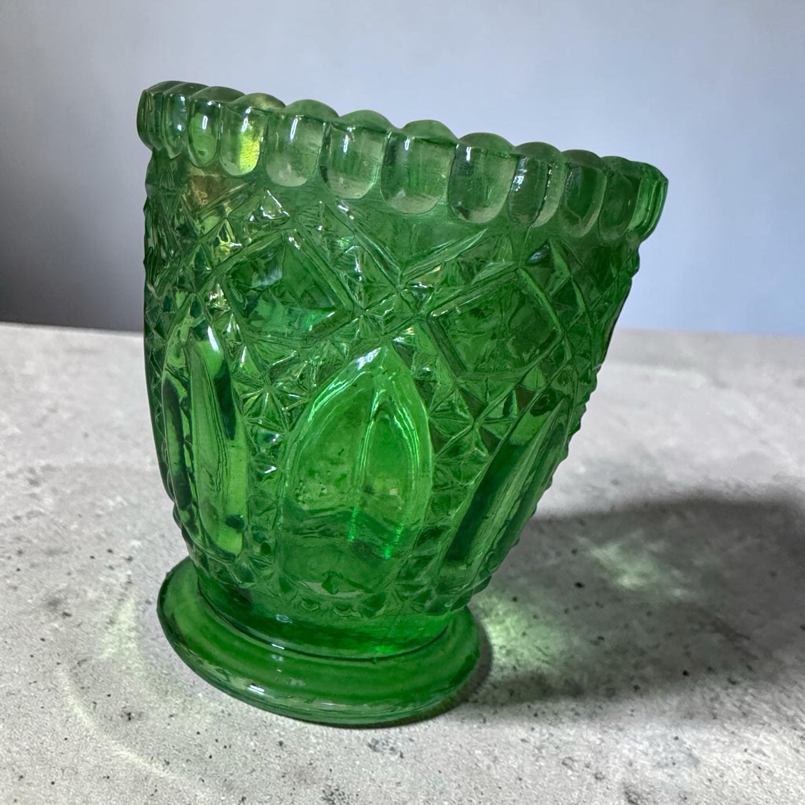 Vtg Green Glass Vase Spooner Votive Candle Holder 3” Tall 2.5” Diameter