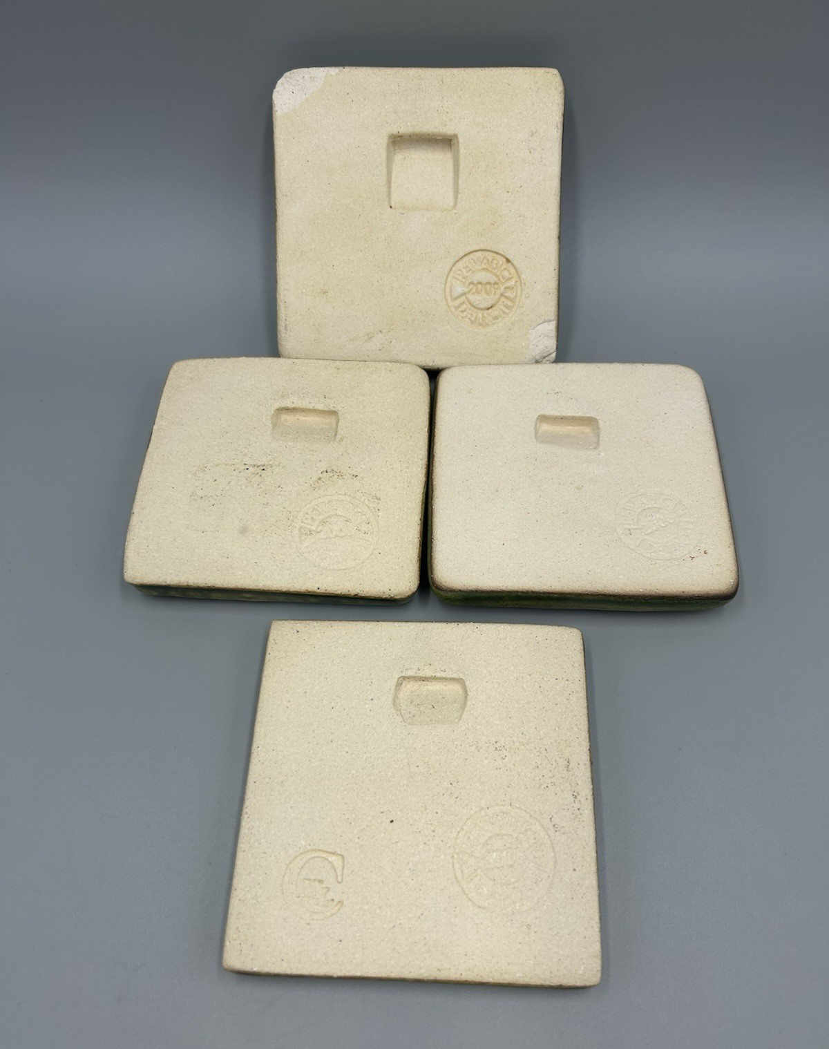Pewabic Pottery Matte Green Swirl Snowflake Leaf Tree Square Tile Set of 4 READ
