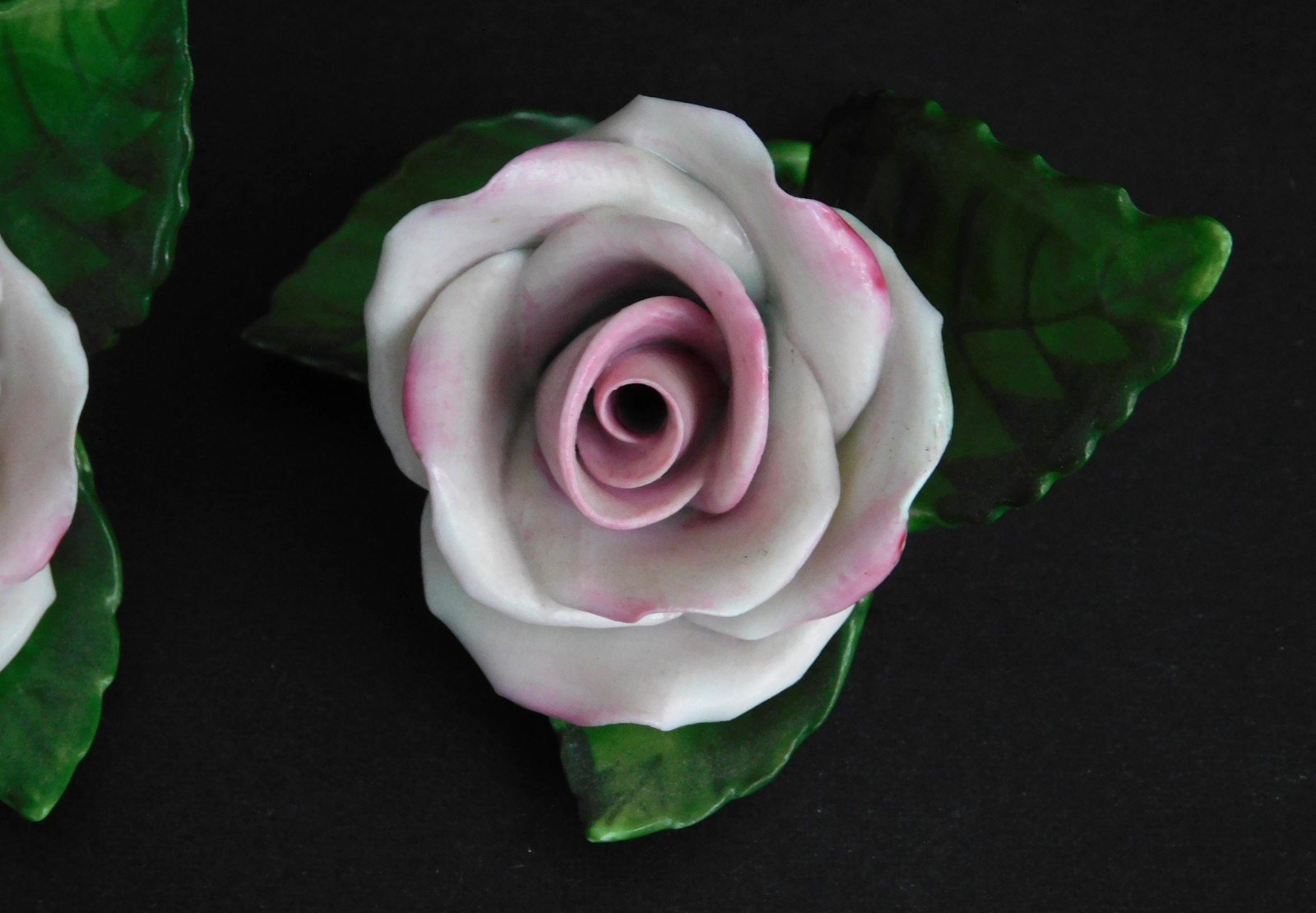 VINTAGE HEREND (1960-1970s): Pair Hand Painted Pink Porcelain Roses & 3 Leaves