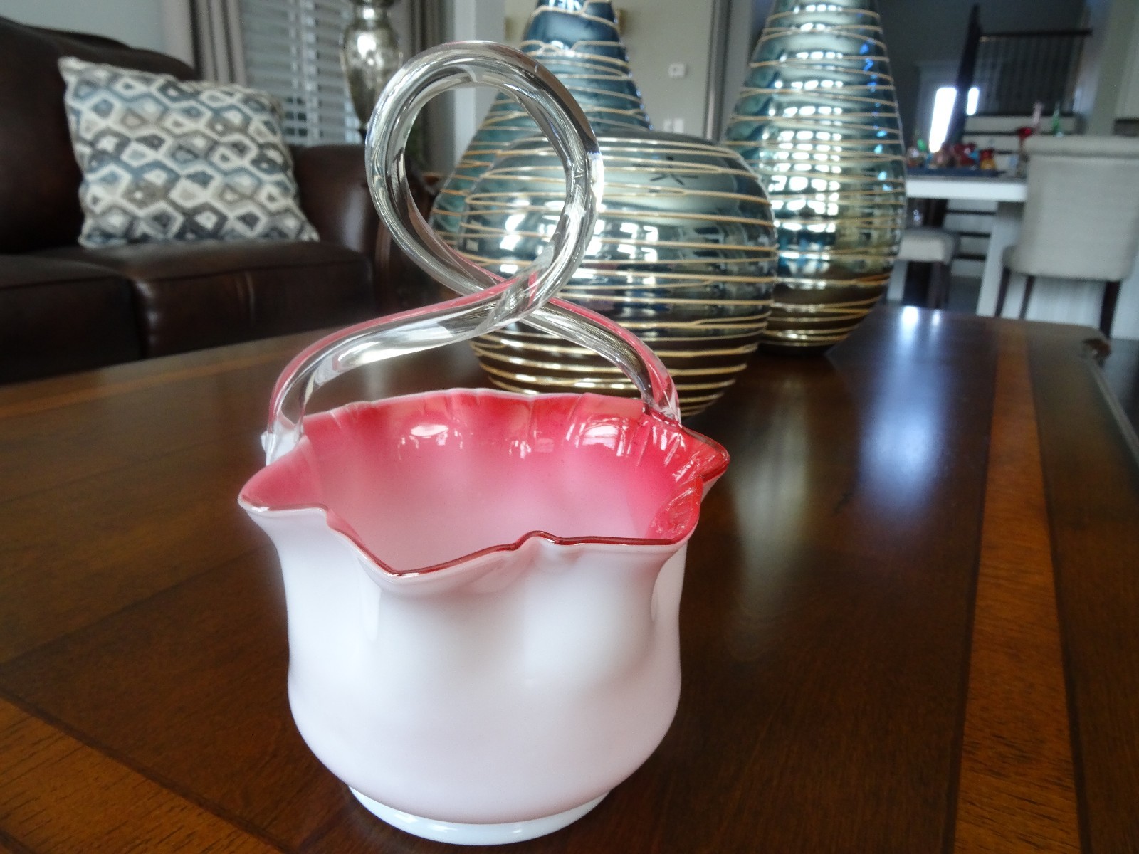 Antique C 1900 STOURBRIDGE Glass Cranberry Cased Twisted LOOP HANDLE BASKET