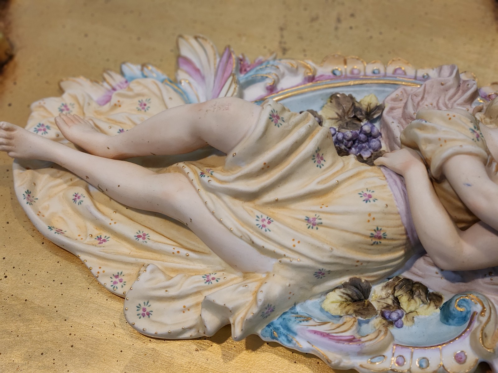 Antique Wall Plaque Pair of Lovers Figural Porcelain Bisque Figurine Couple
