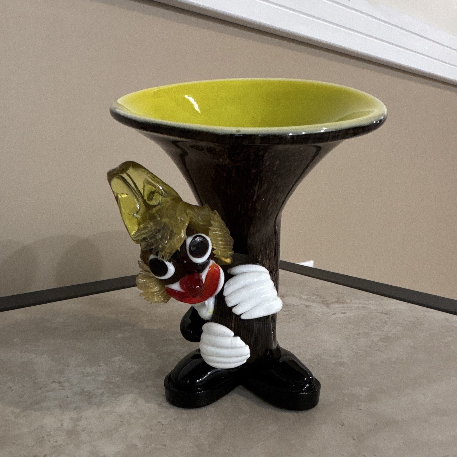 Murano Art Glass Vase Murano Italy Clown Theme Black Yellow Red White Green