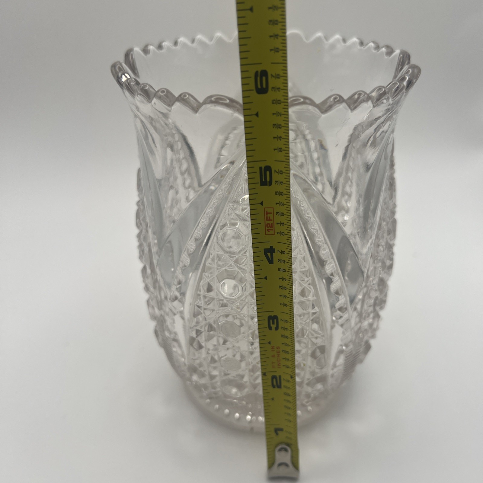 Vintage Cut Glass Crystal Hurricane Candle Holder Vase Scalloped Rim