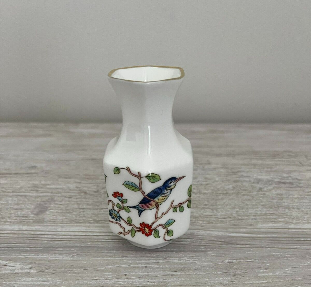 Aynsley Bone China Miniature Hexagonal Vase Bird And Floral Made in England 3.5″