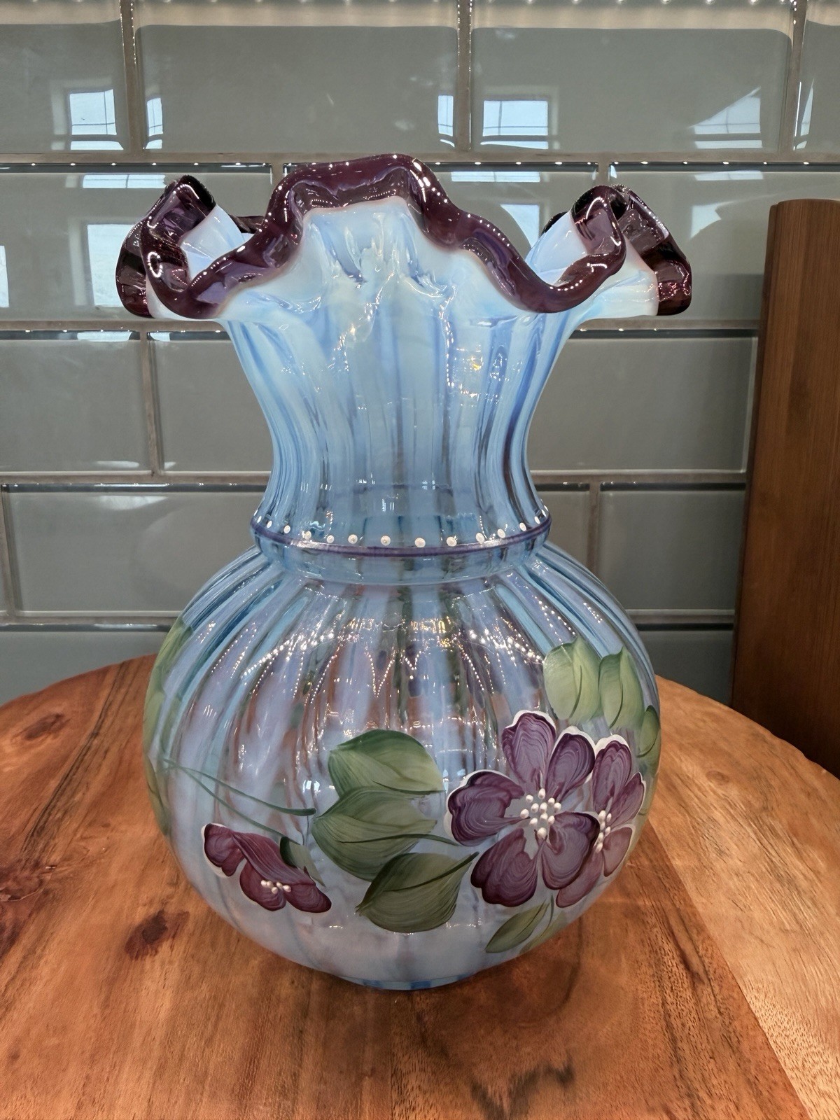 Fenton Art Glass “Misty Blue Rib Optic Vase” ruffled plum/mulberry edge (glows)