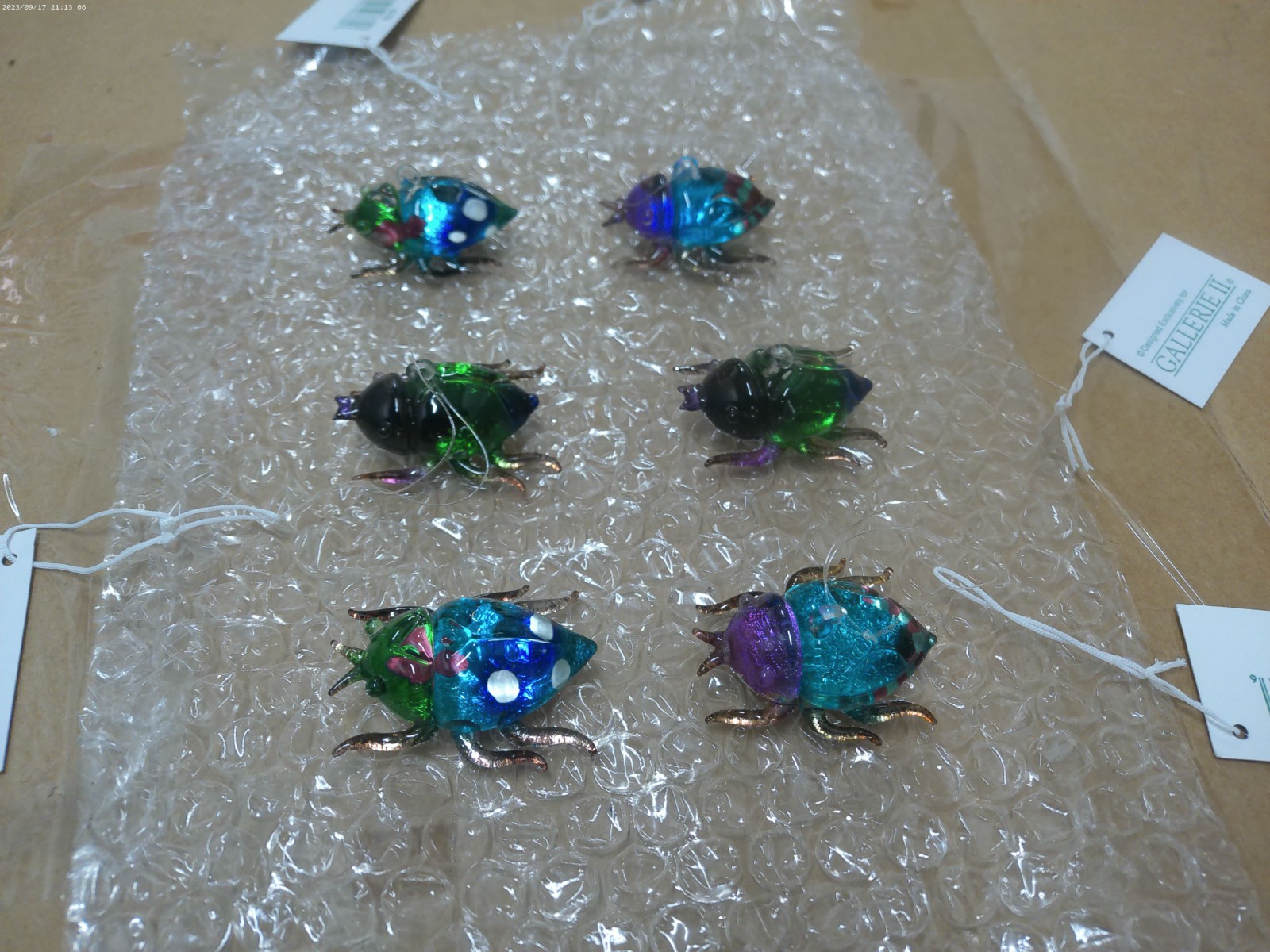 Lot of 6 Multicolor Blown Glass Beetles – Handmade Decorative Figures