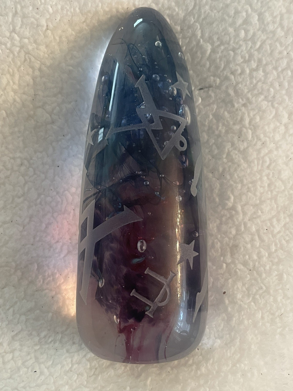 Lg Unusual Rare Duncan McClellan Art Glass Paperweight Etched Man Stars Symbols