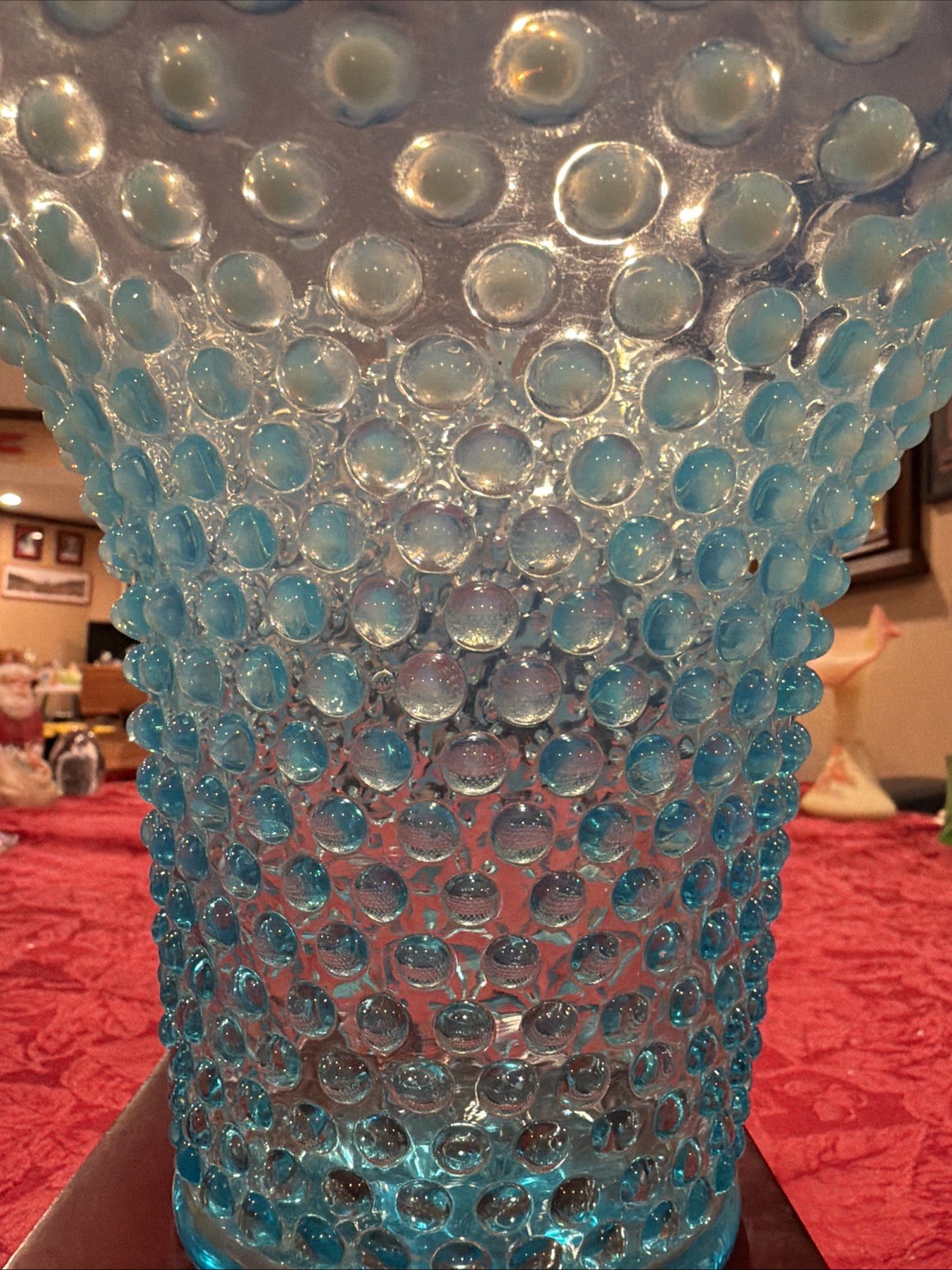 Exquisite Fenton Turquoise Blue Opalescent Ruffled Hobnail 7.5” Vase 9.5” Top