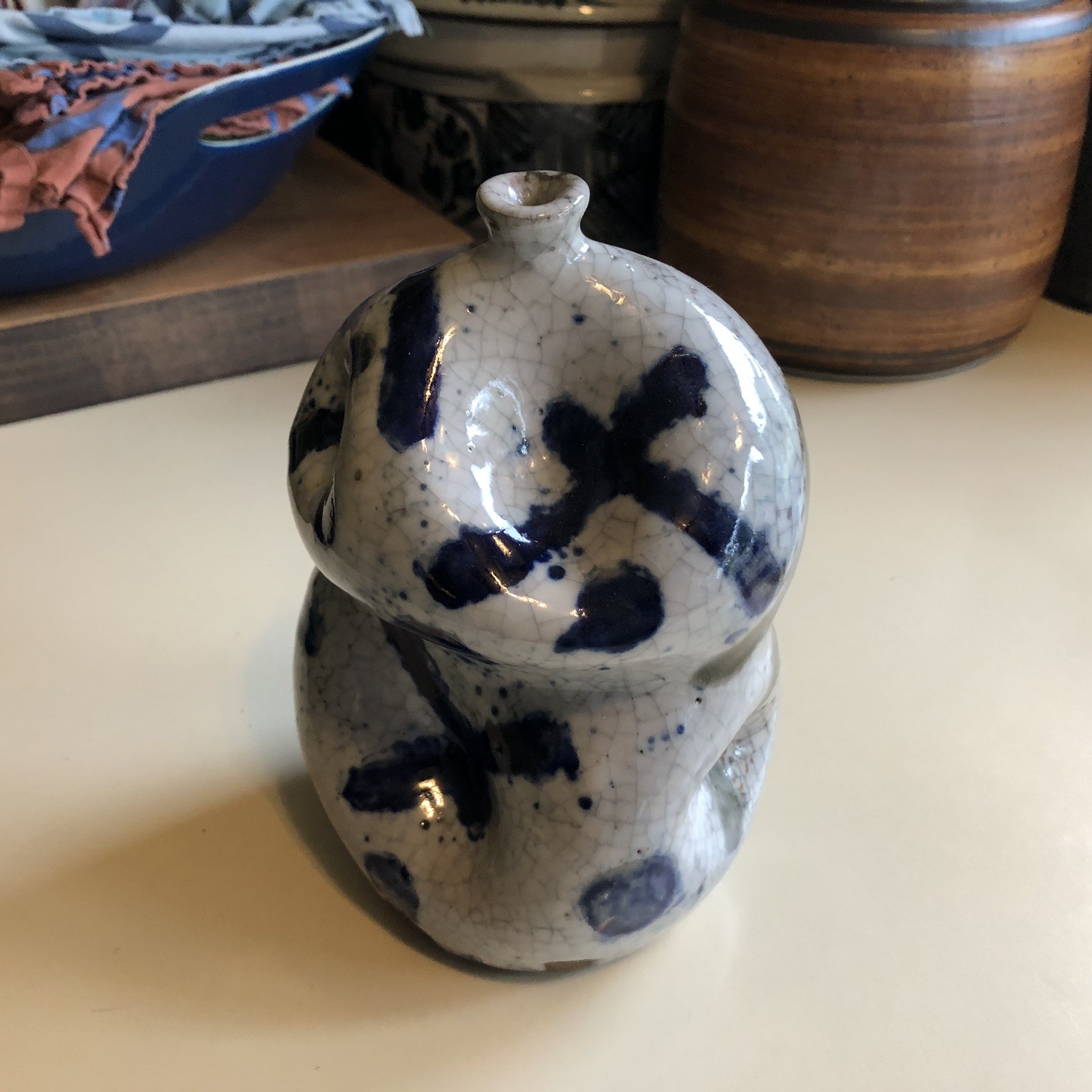 Signed Studio Pottery Pinched Vase Crackle Glaze Blue White
