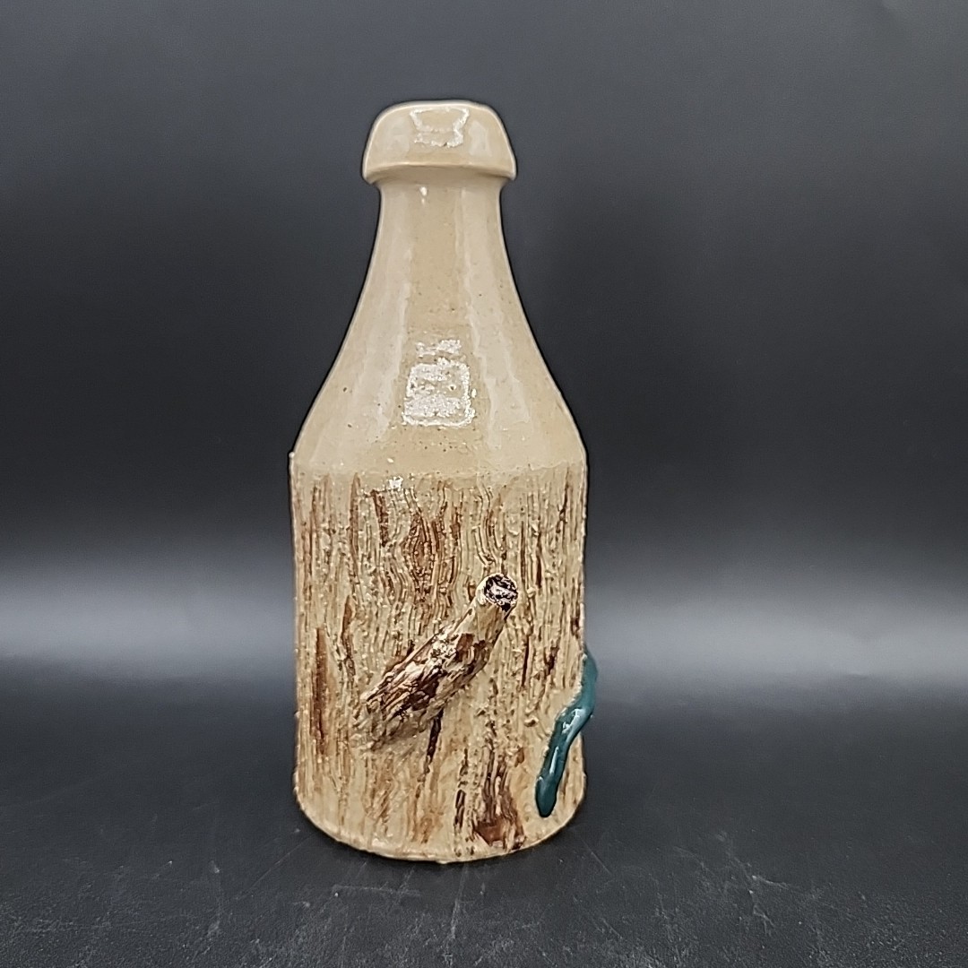 Unique Stoneware Artist Signed Pottery Bottle 7″ Tall Snake In Tree Design