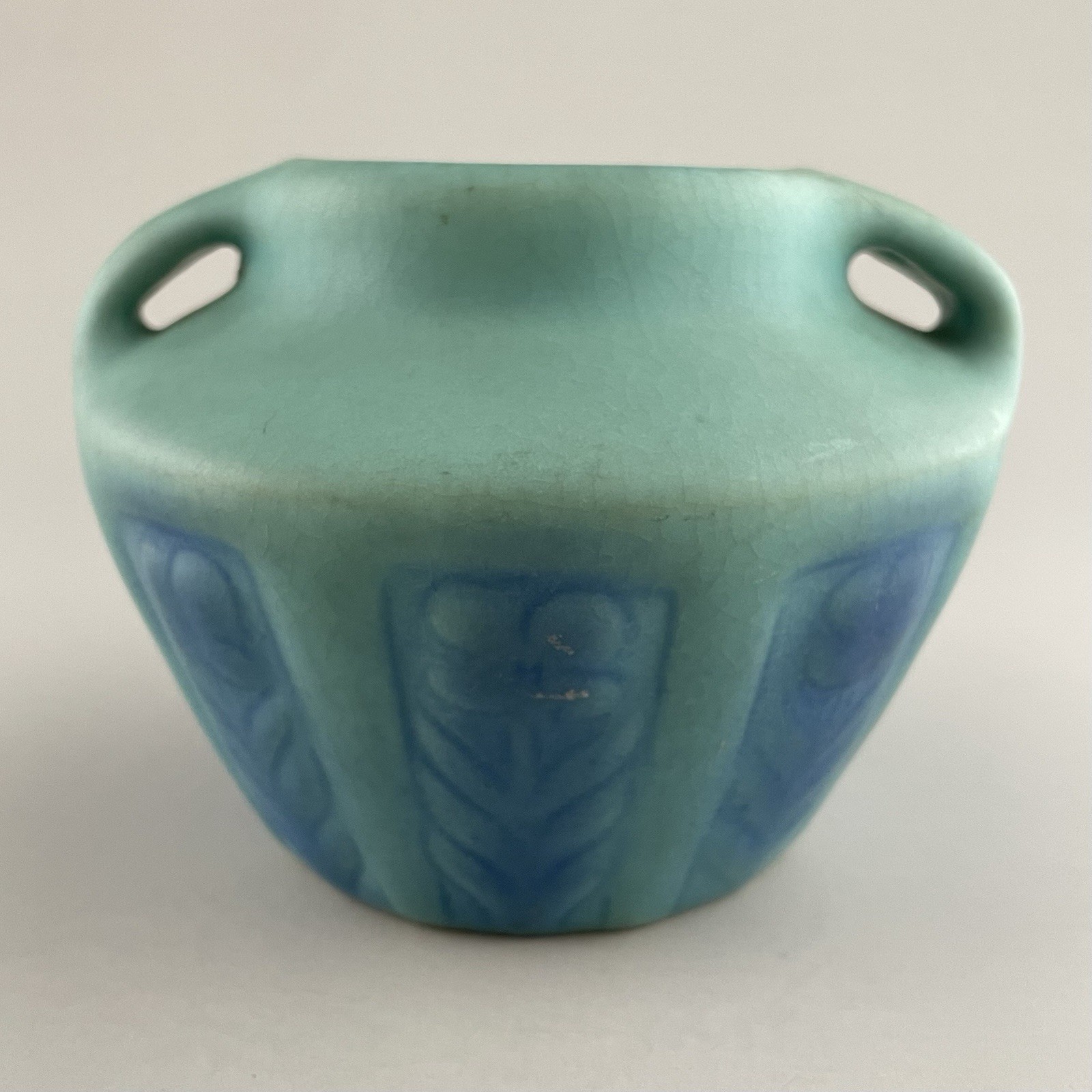 Vintage Van Briggle Pottery Vase 522 Turquoise Ming Blue Flower Panels Handles