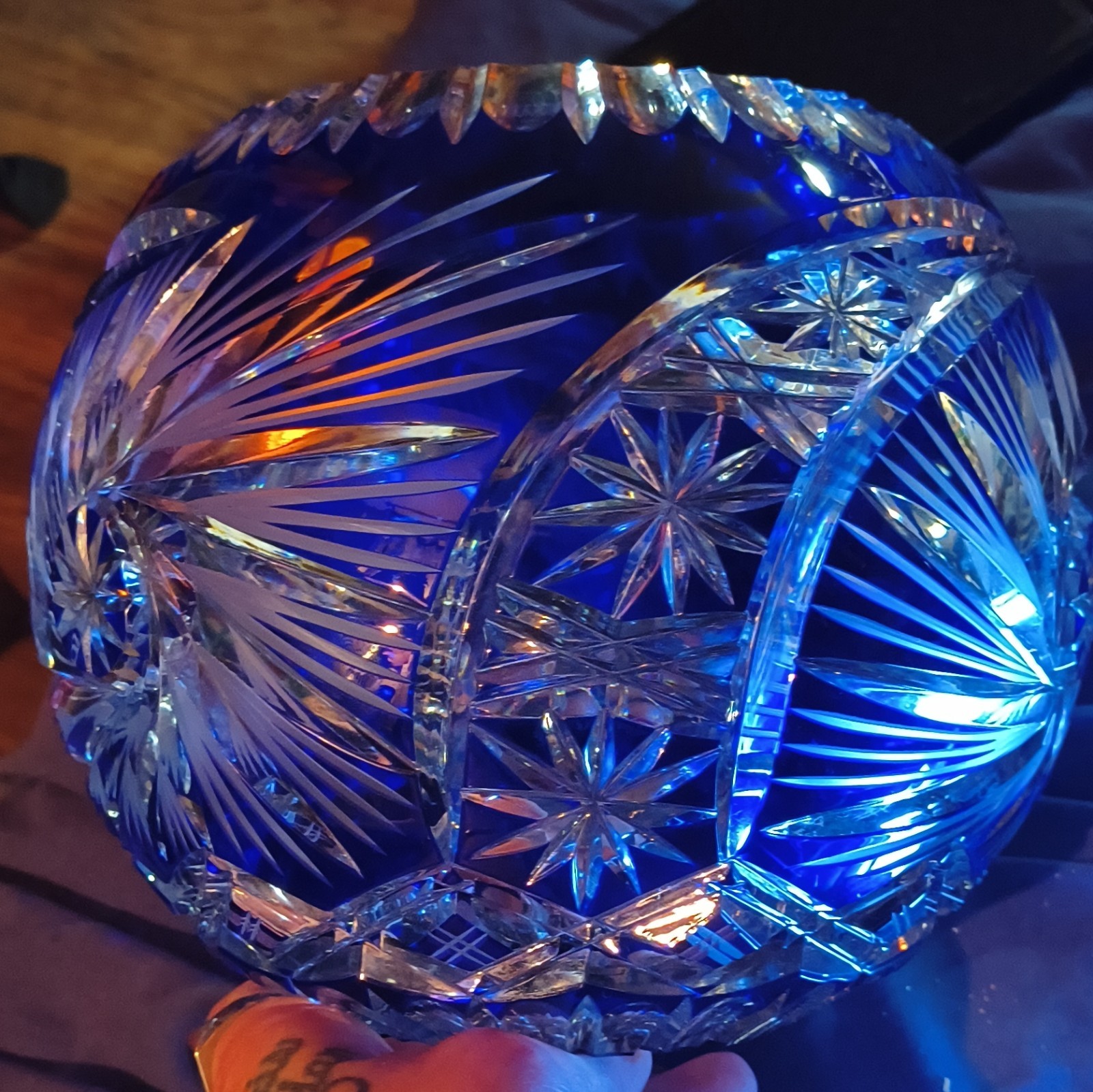 Vintage Bohemian Cobalt Blue Cut to Clear Crystal Bowl Spherical Rose Bowl Vase