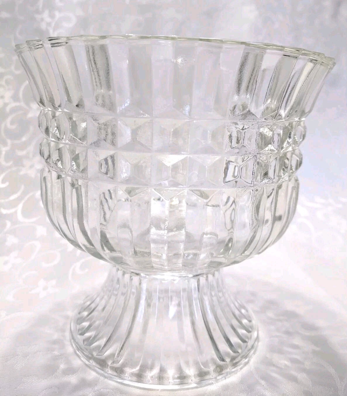 Vintage Clear FTDA 1986 Clear Glass Footed Compote Vase Heavy 5 5/8″H X 5 7/8″W