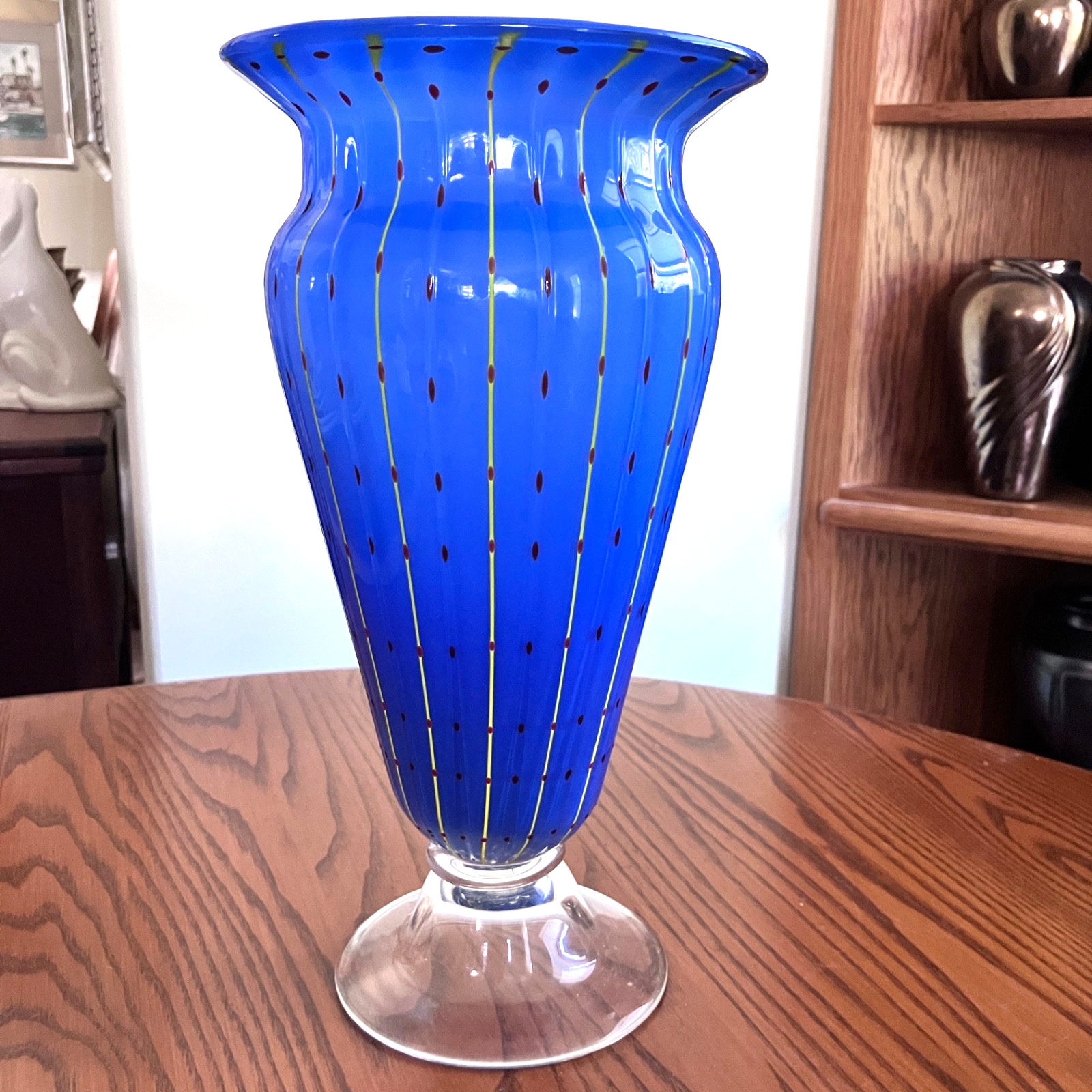 Unmarked Hand Blown Art Glass Vase Blue With Yellow Pin Stripe Red Dots 12 1/4″