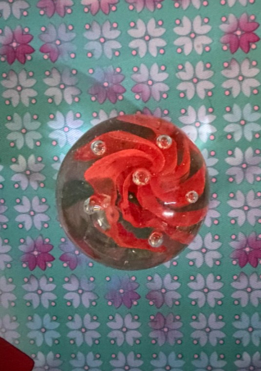 Vintage art glass paperweight Murano Style Orange Flower Encapsulated Sphere