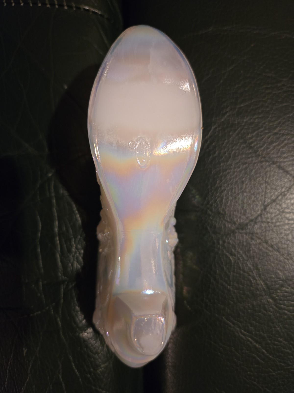 Vintage Fenton Cabbage Rose Iridescent Milk Glass Slipper w/ Raised Pink Rose