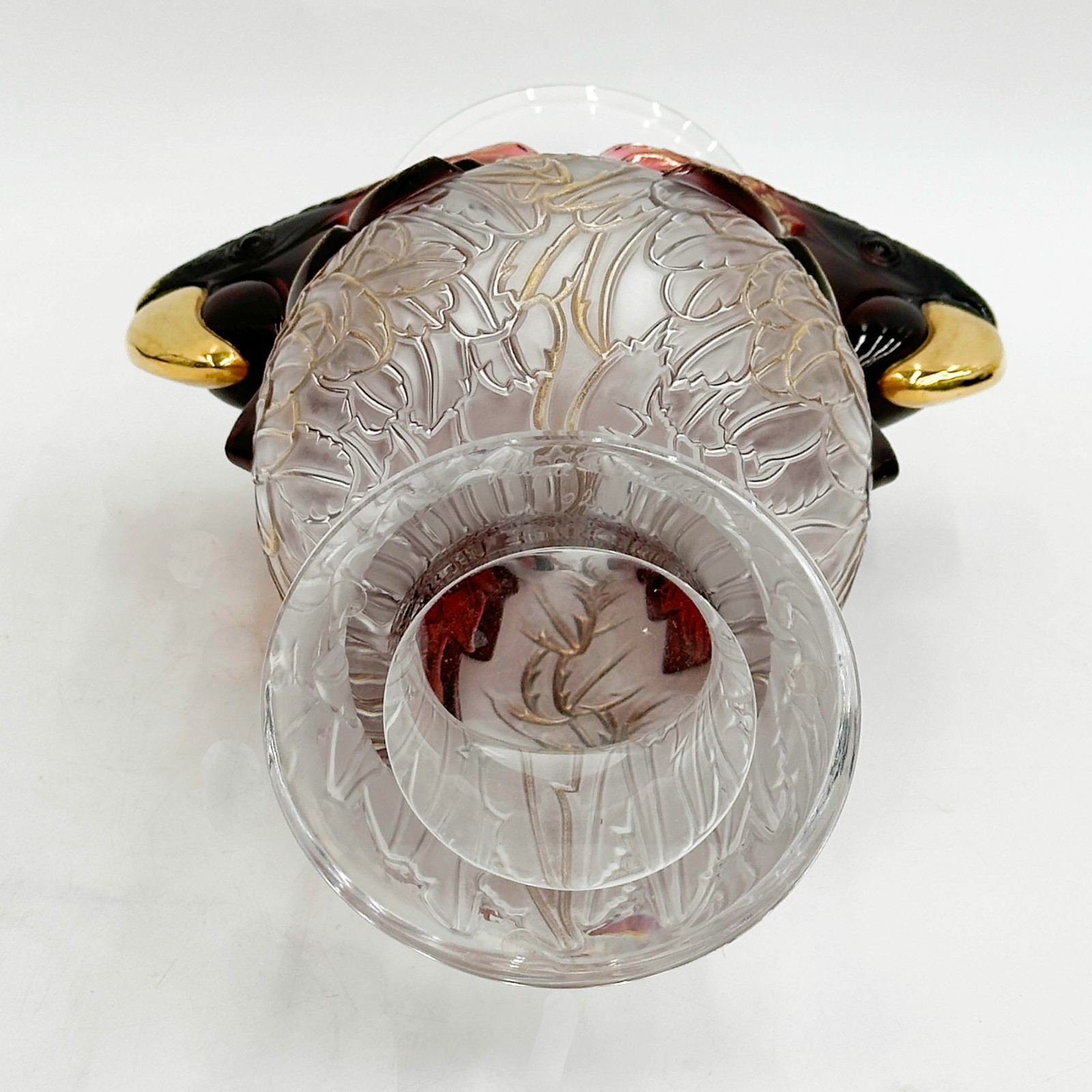 Lalique Glass Red Gold Macaw Vase ” Macao Rouge Emaille Or ” Ltd Edition of 9