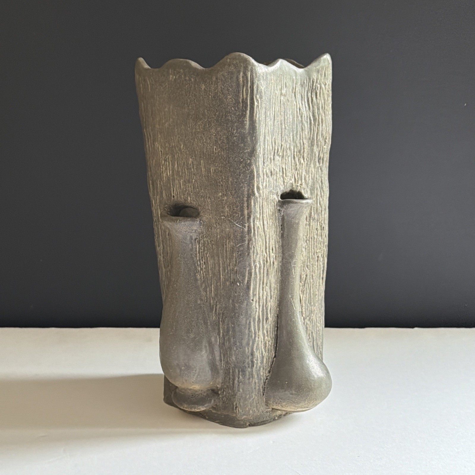 Vtg Brutalist Abstract Stoneware Ikebana Vase Signed Studio Art Pottery 10”