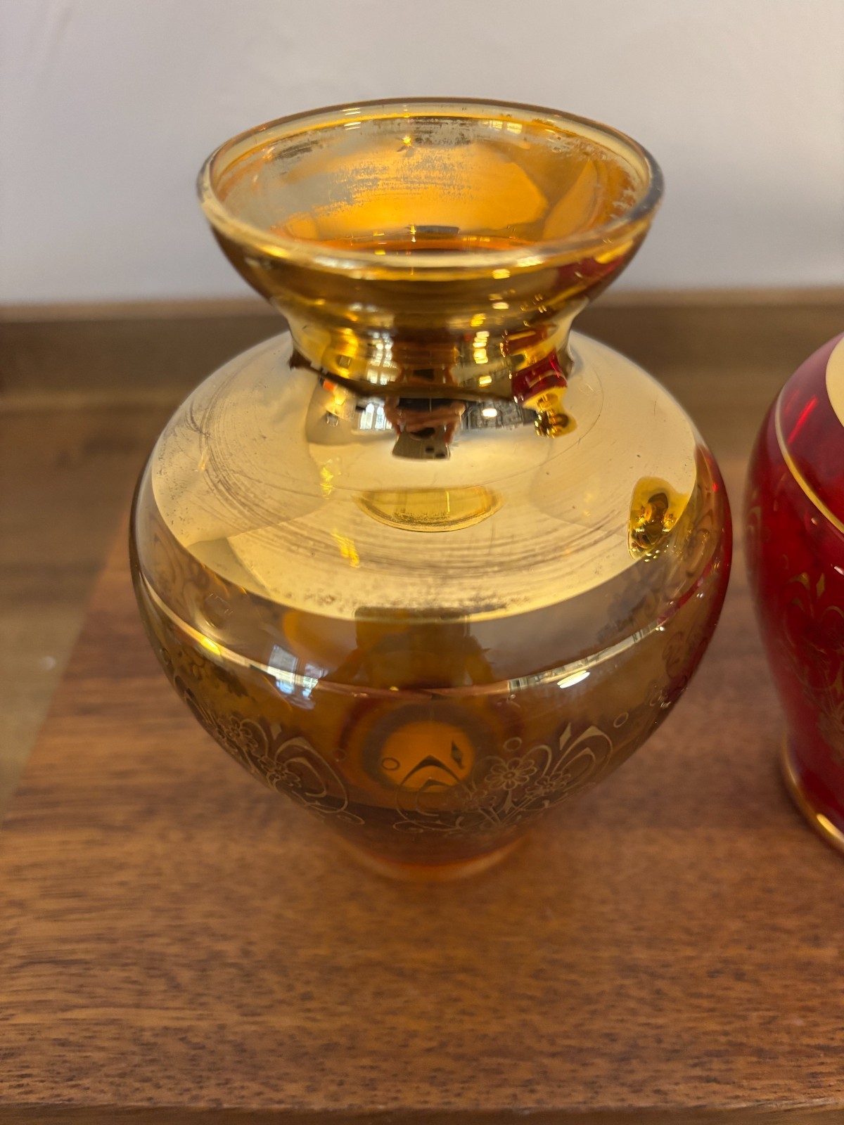 Empoli Glass Amber Ruby Red Gold Accent Decorated in Murano Small Vases Set of 2