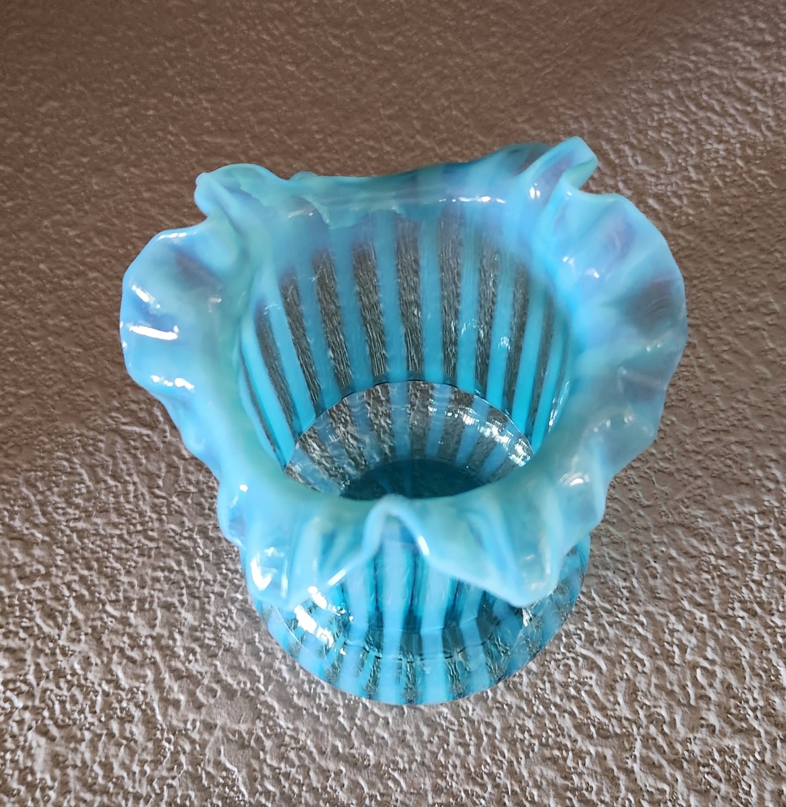 Antique NORTHWOOD Blue Opalescent Striped Ruffled Edge Celery Vase**Beautiful**