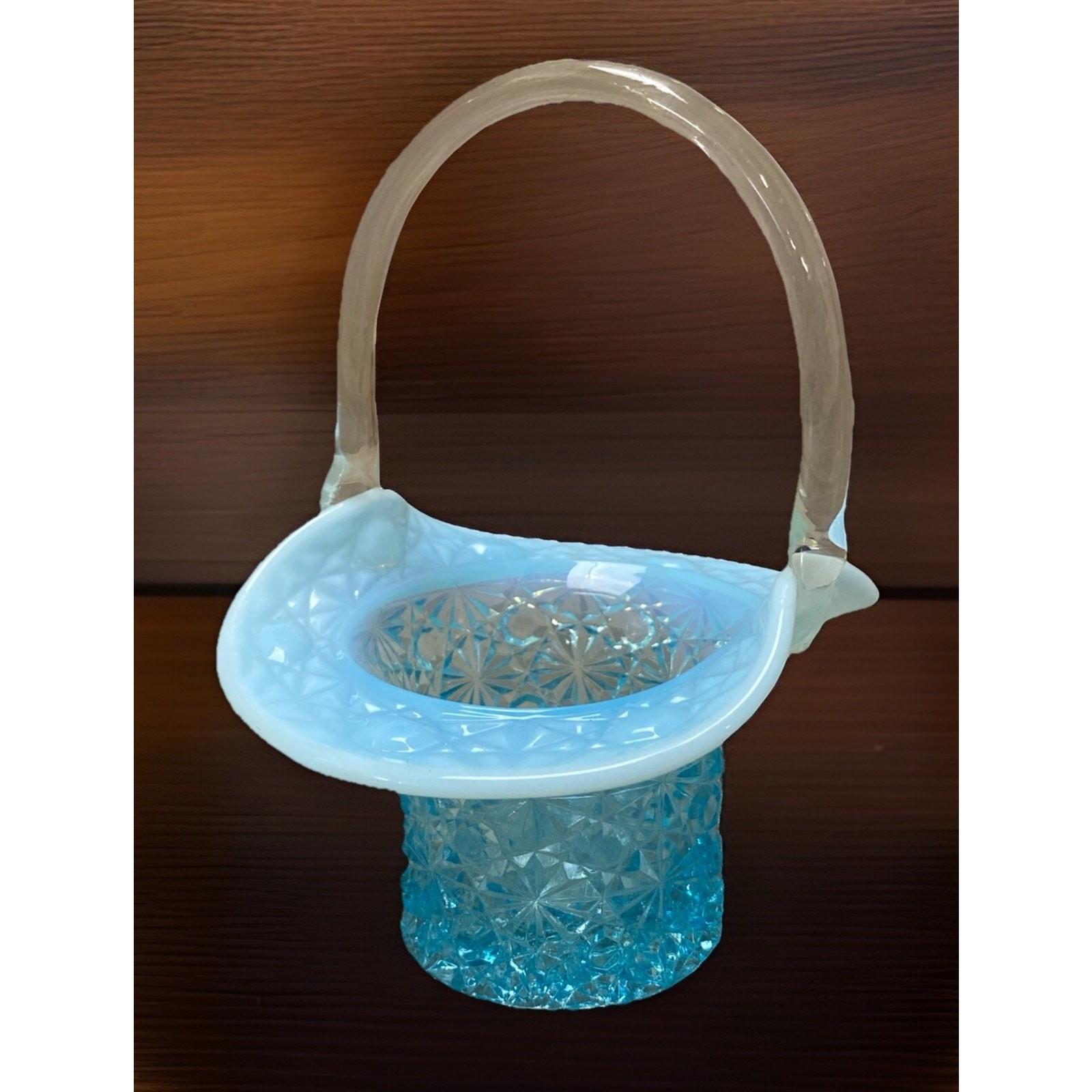 Fenton Aqua Blue Opalescent Daisy And Button Glass Handle Basket Blue Top Hat