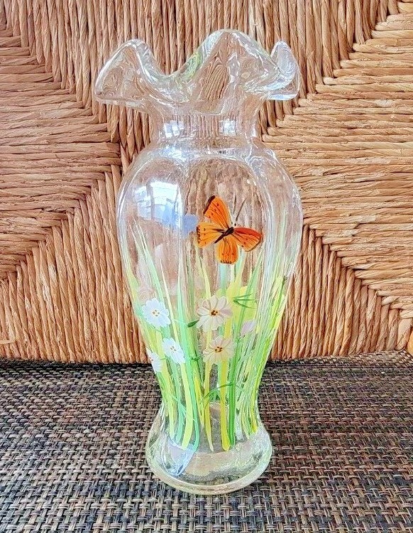 Glass Vase with Hand Painted Butterflies and Flowers