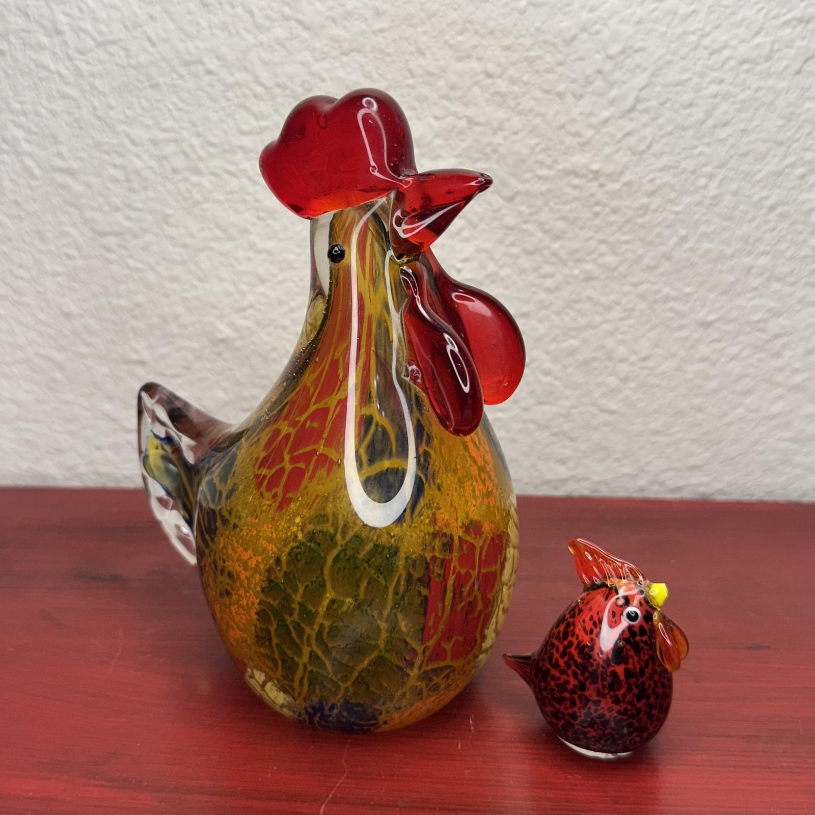 Art Glass Rooster Figurine with Chick Hand Blown Multicolor Murano Style Decor