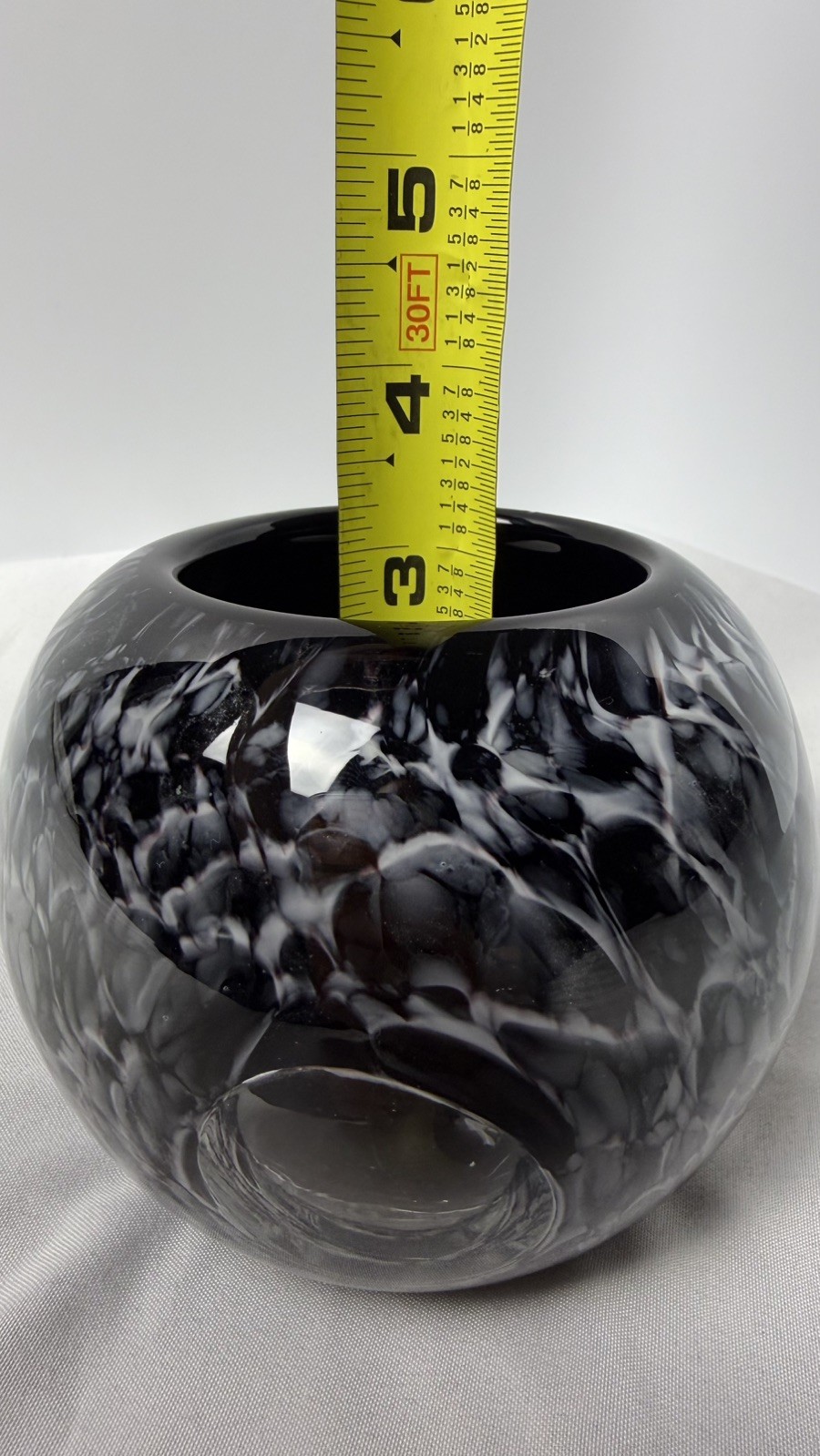 Blown Glass Black and White Globe Vase/Candle Holder with Clear Orbs 4″ Tall