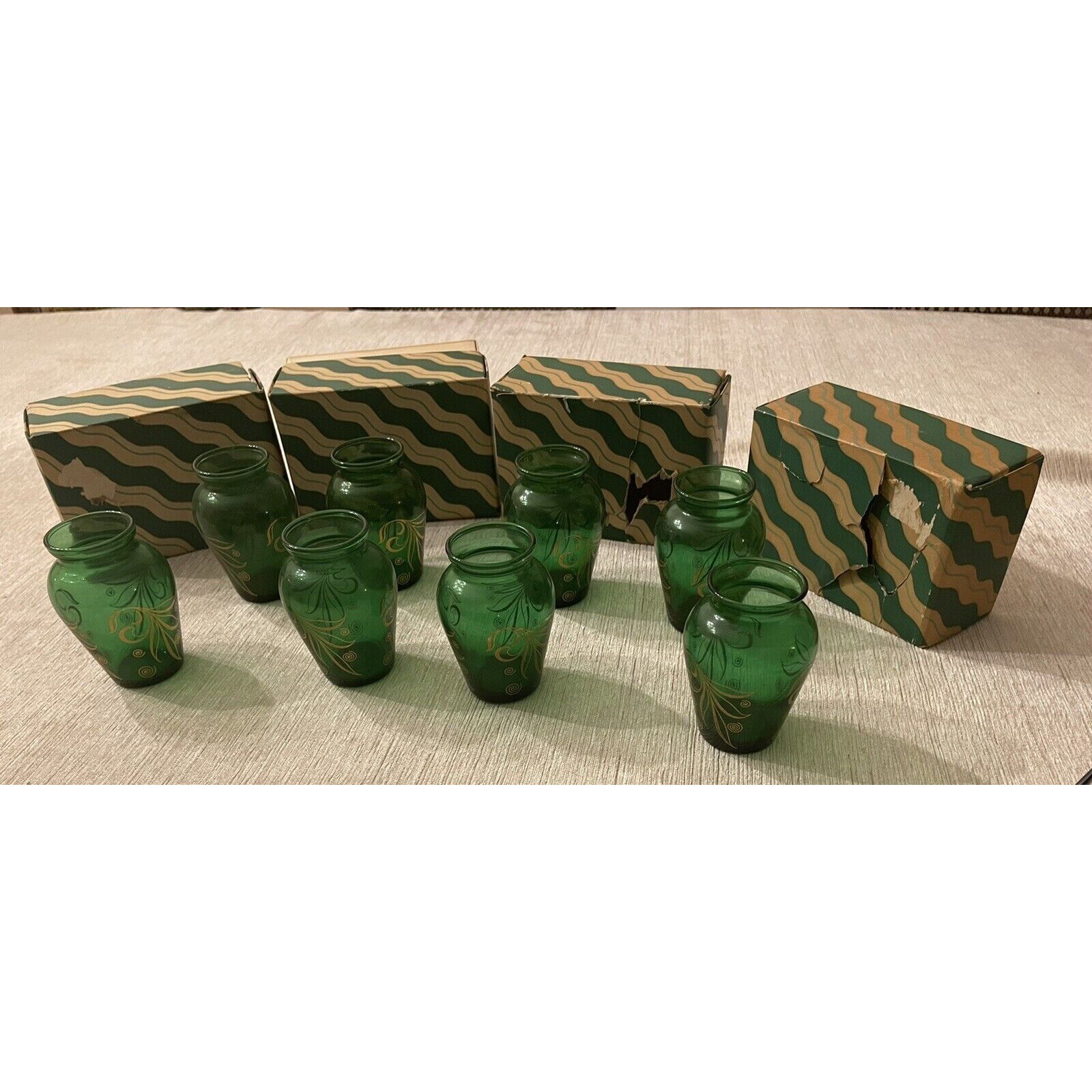 ANCHOR HOCKING Vases Forest Dark Green Glass Gold Leaves 8 Original Boxes