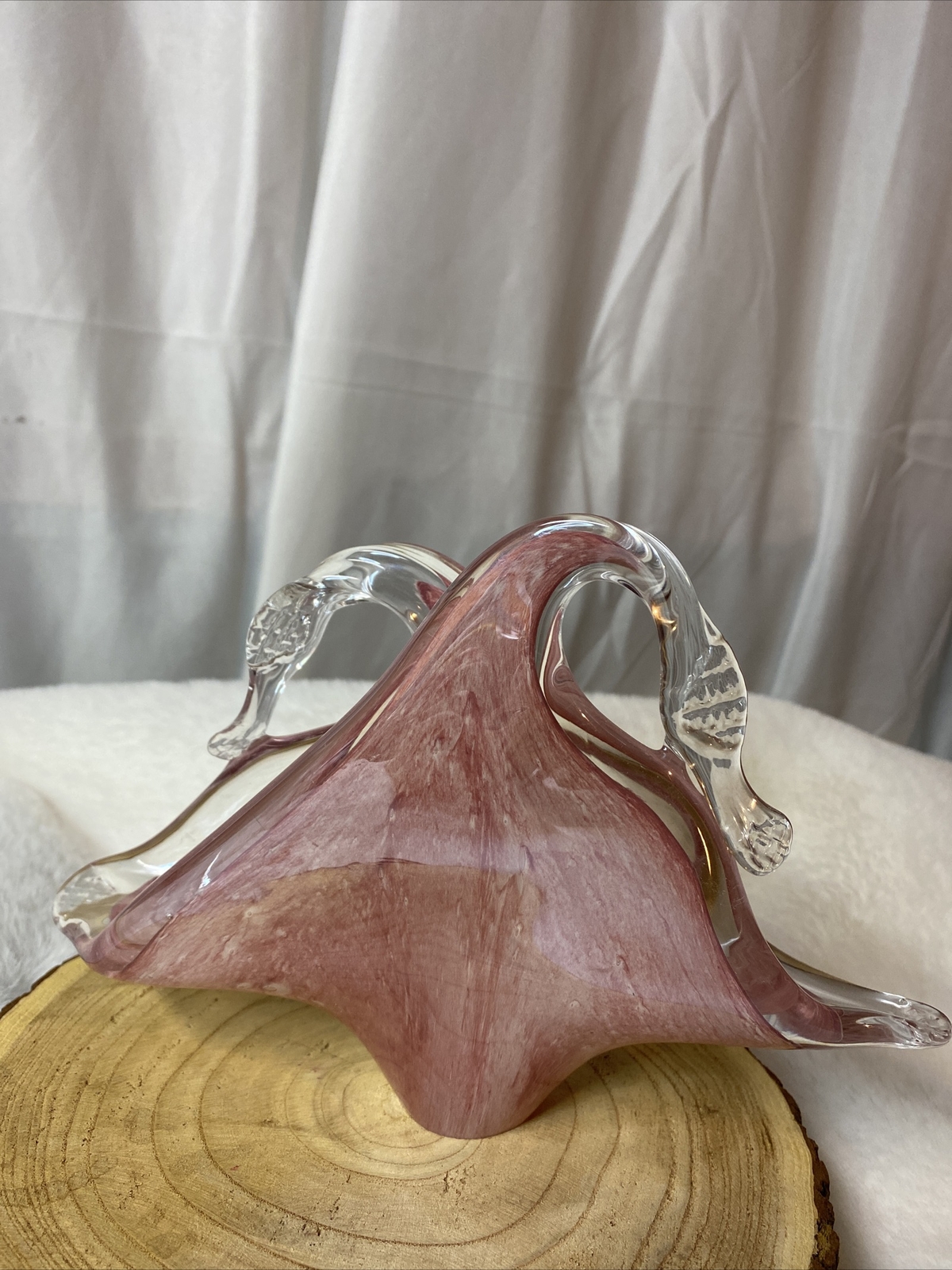 Art Glass Clear Pink And White Stretch Abstract Waves Swan Neck Basket Dish